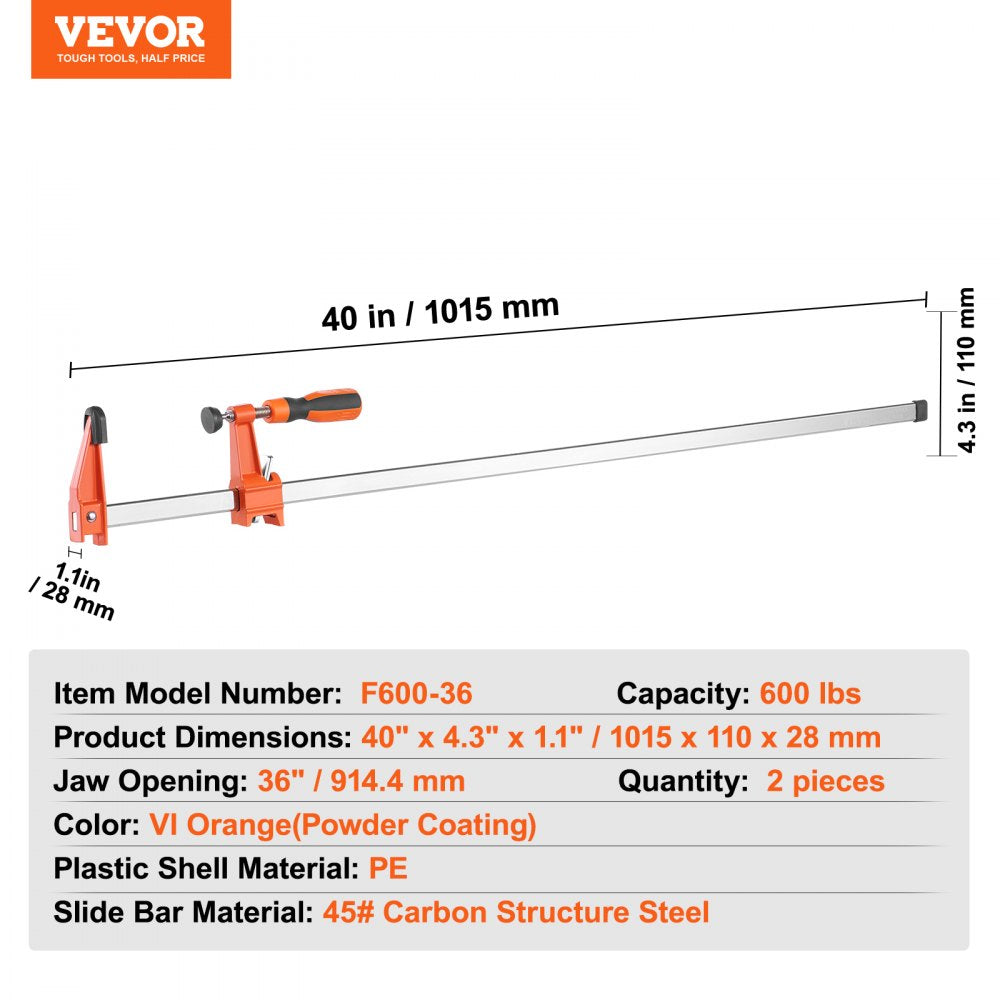VEVOR Bar Clamps for Woodworking, 2-Pack 36" Clamp/Spreader, Quick-Change F Clamp with 600 lbs Load Limit, 2.5" Throat Depth, Cast Iron and Carbon Steel, Wood Clamps for Woodworking Metal Working 