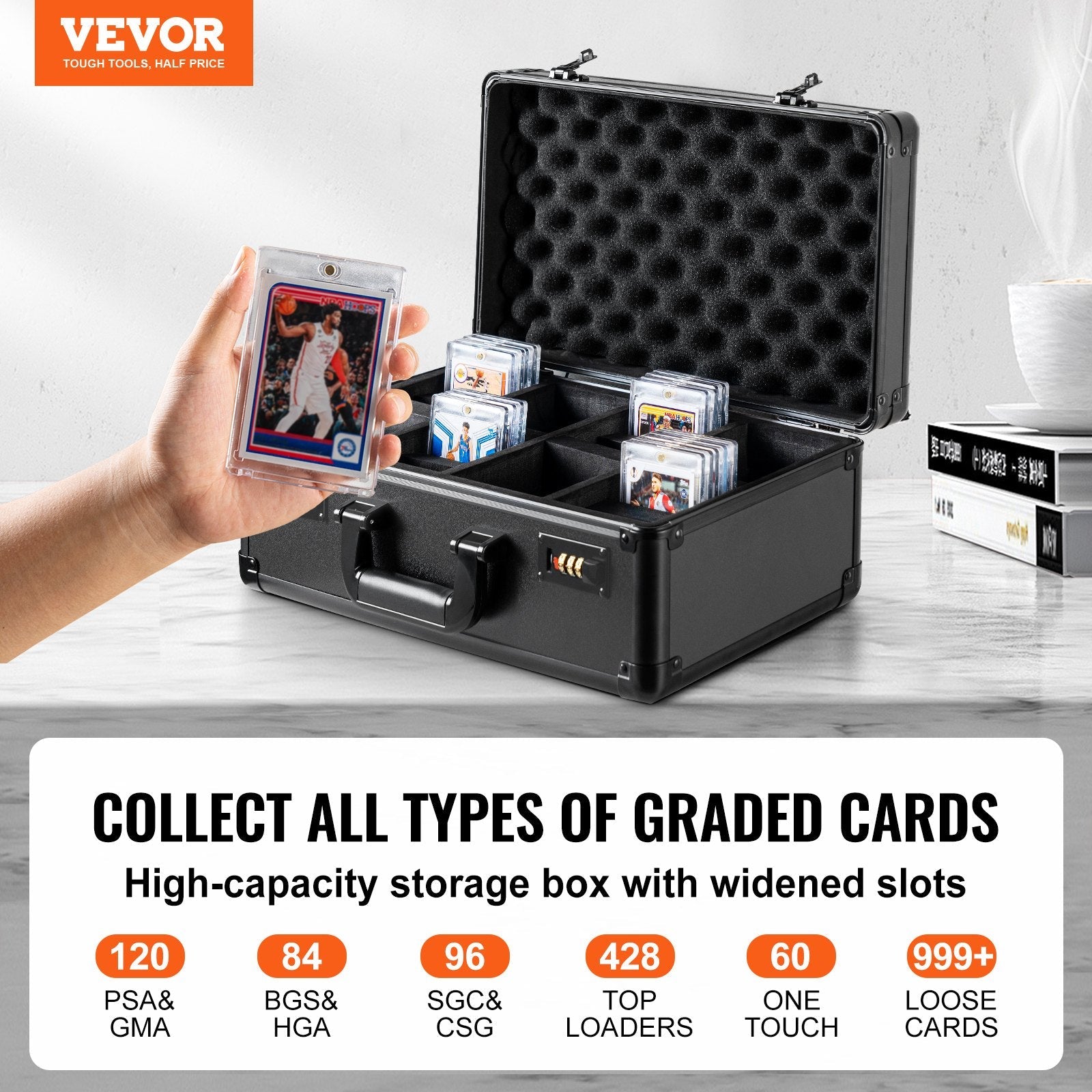 VEVOR Graded Card Storage Box, 4 Slots, Graded Sports Cards Holder Carrying Case with Coded Lock Foam Dividers, for 120 PSA Graded Cards 84 BGS Cards 96 SGC Cards 428 Top Loaders or 999+ Loose Cards 