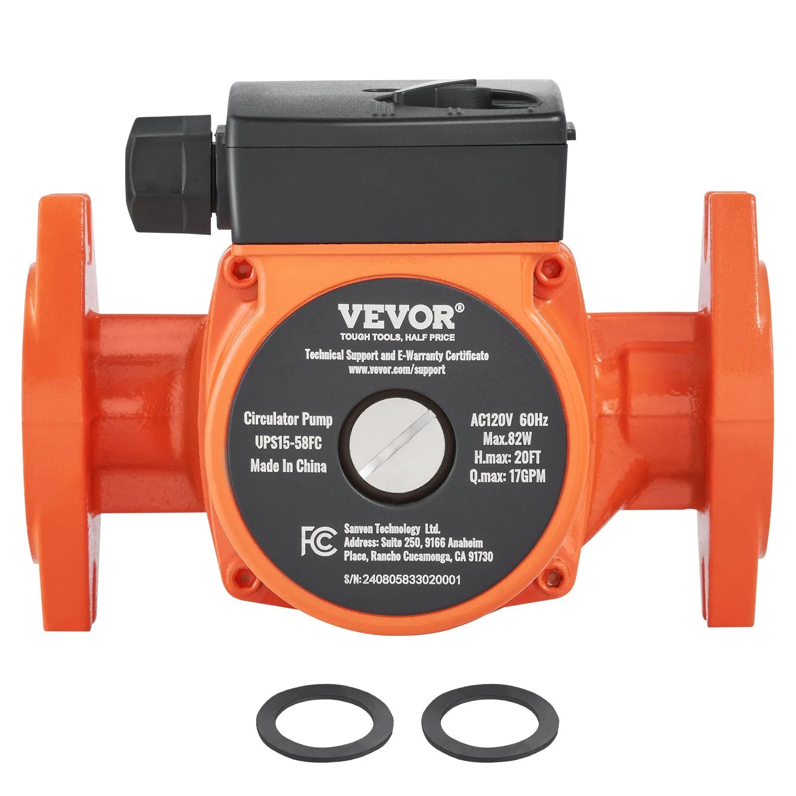 VEVOR UPS15-58FC Hot Water Circulation Pump 110V 82W 17 GPM Recirculating Pump