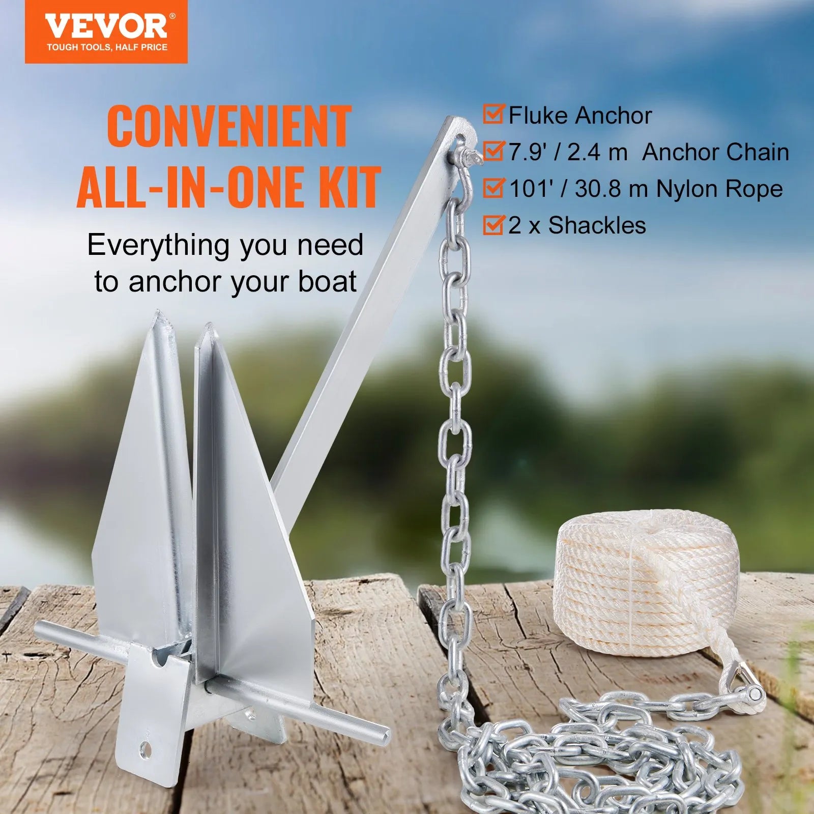 VEVOR Anchor Kit, 13 LBS Hot-Dipped Galvanized Steel Anchor with 7.9' Chain, 101' Rope and Two 0.4" Shackles, Marine Boat Anchor for Small Vessels Under 30', Seas, Rivers and Shores