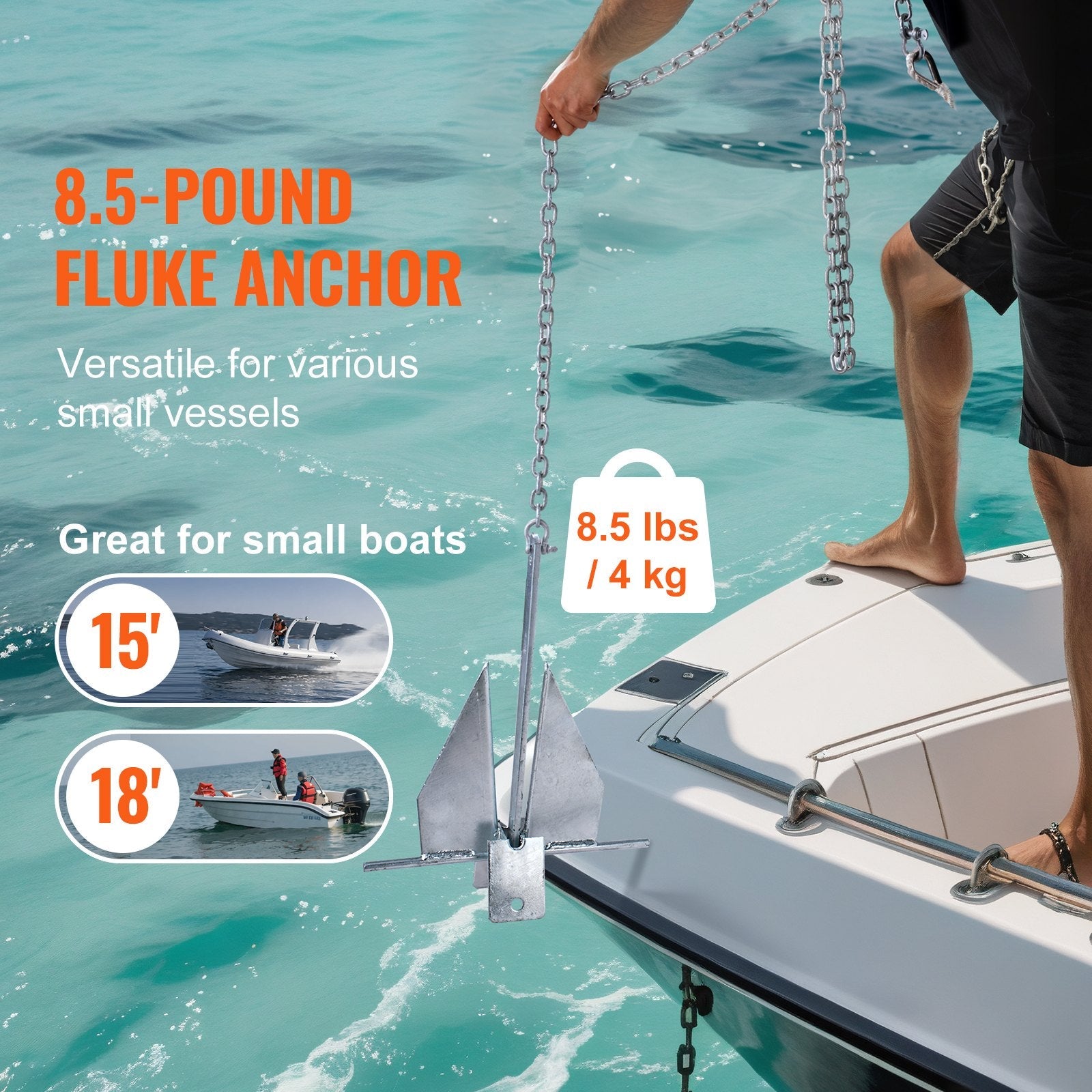 VEVOR Anchor Kit, 8.5 LBS Hot-Dipped Galvanized Steel Anchor with 7.9' Chain, 75' Rope and Two 0.4" Shackles, Marine Boat Anchor for Small Vessels Under 18', Seas, Rivers and Shores 