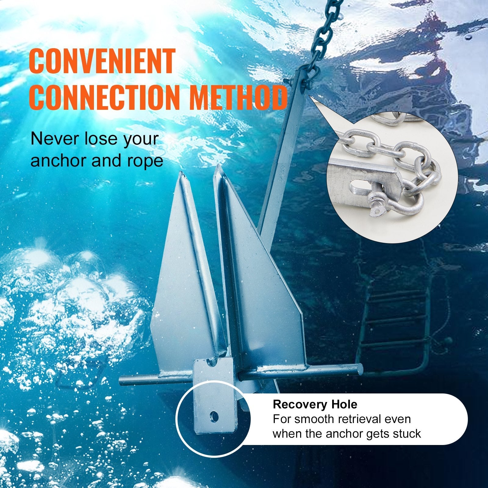 VEVOR Anchor Kit, 8.5 LBS Hot-Dipped Galvanized Steel Anchor with 7.9' Chain, 75' Rope and Two 0.4" Shackles, Marine Boat Anchor for Small Vessels Under 18', Seas, Rivers and Shores 