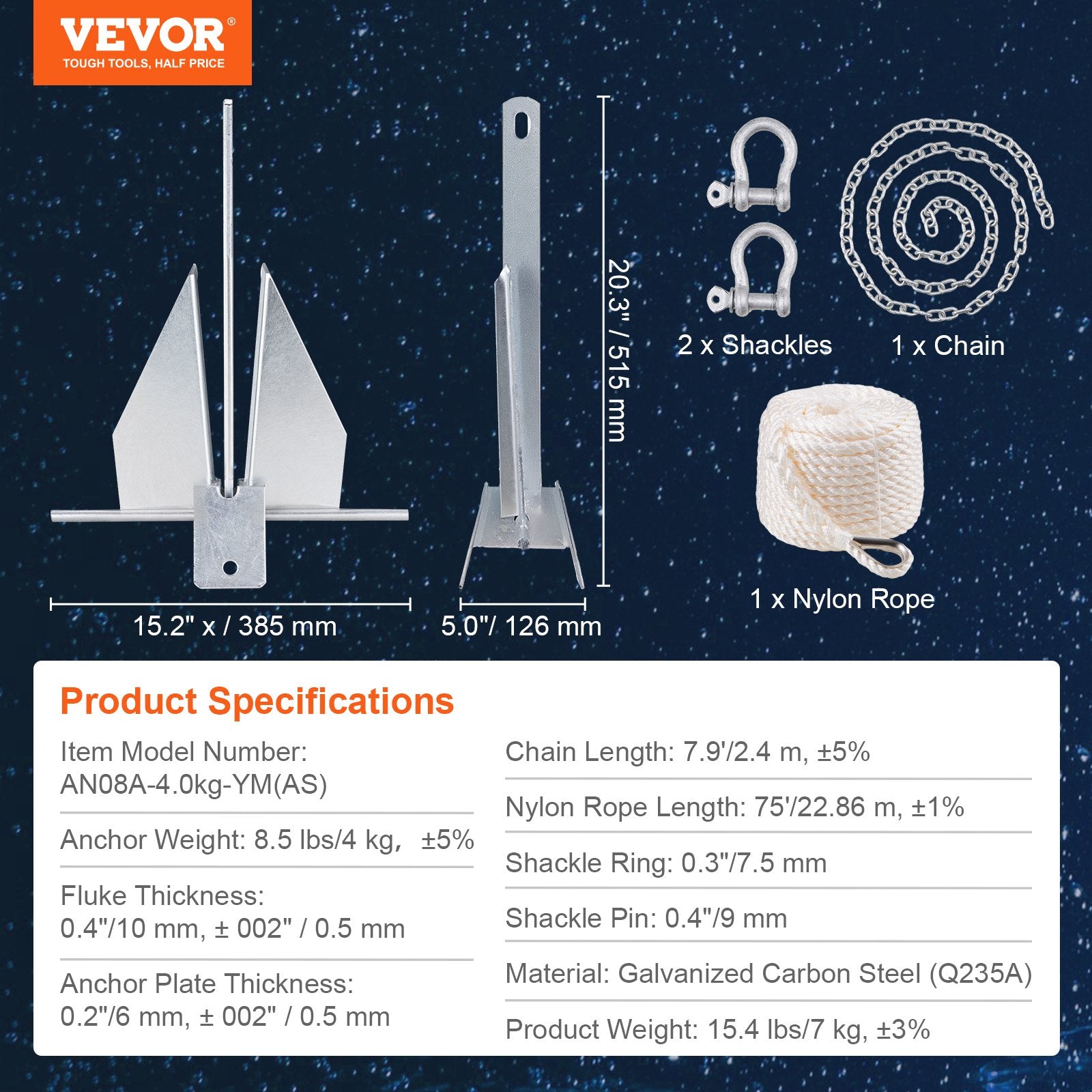 VEVOR Anchor Kit, 8.5 LBS Hot-Dipped Galvanized Steel Anchor with 7.9' Chain, 75' Rope and Two 0.4" Shackles, Marine Boat Anchor for Small Vessels Under 18', Seas, Rivers and Shores 