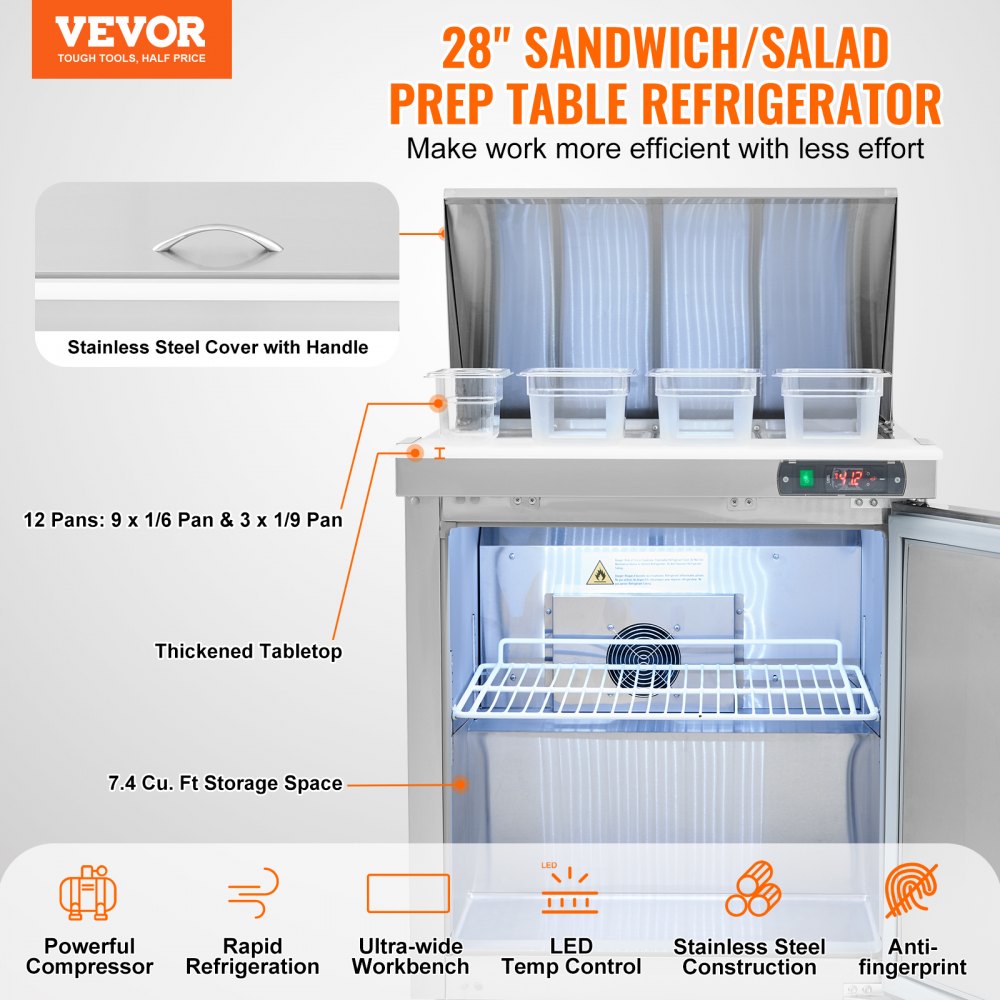 VEVOR Commercial Refrigerator 28" Sandwich Salad Prep Table 1 Door with 12 Pans 