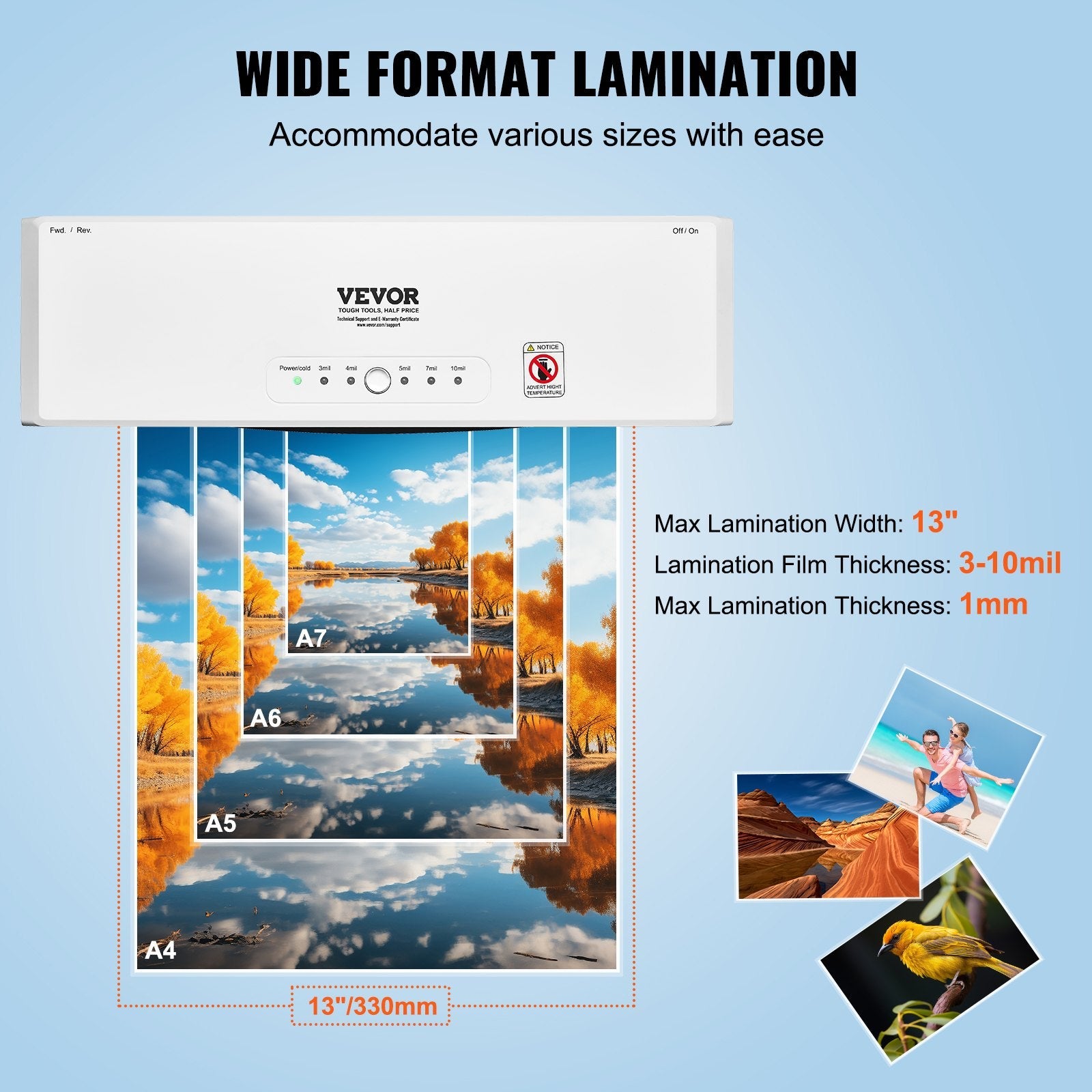 VEVOR Laminator, 13-inch Laminating Machine, 4 Rollers Hot and Cold Thermal Laminator, Quick Warm-up, Fast Laminating Machine with 3 mil Lamination Films for Home, Office, School 