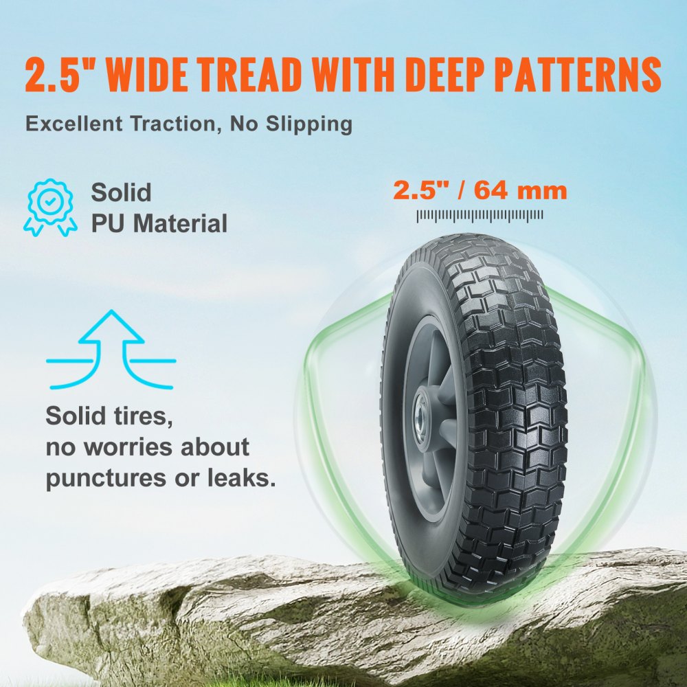 VEVOR Solid PU Run-Flat Tire Wheel, 10", 2-Pack, 180 lbs Dynamic Load, 220 lbs Static Load, Flat Free Tubeless Tires and Wheels for Hand Truck, Utility Cart, Dollies, Garden Trailers, Various Carts 