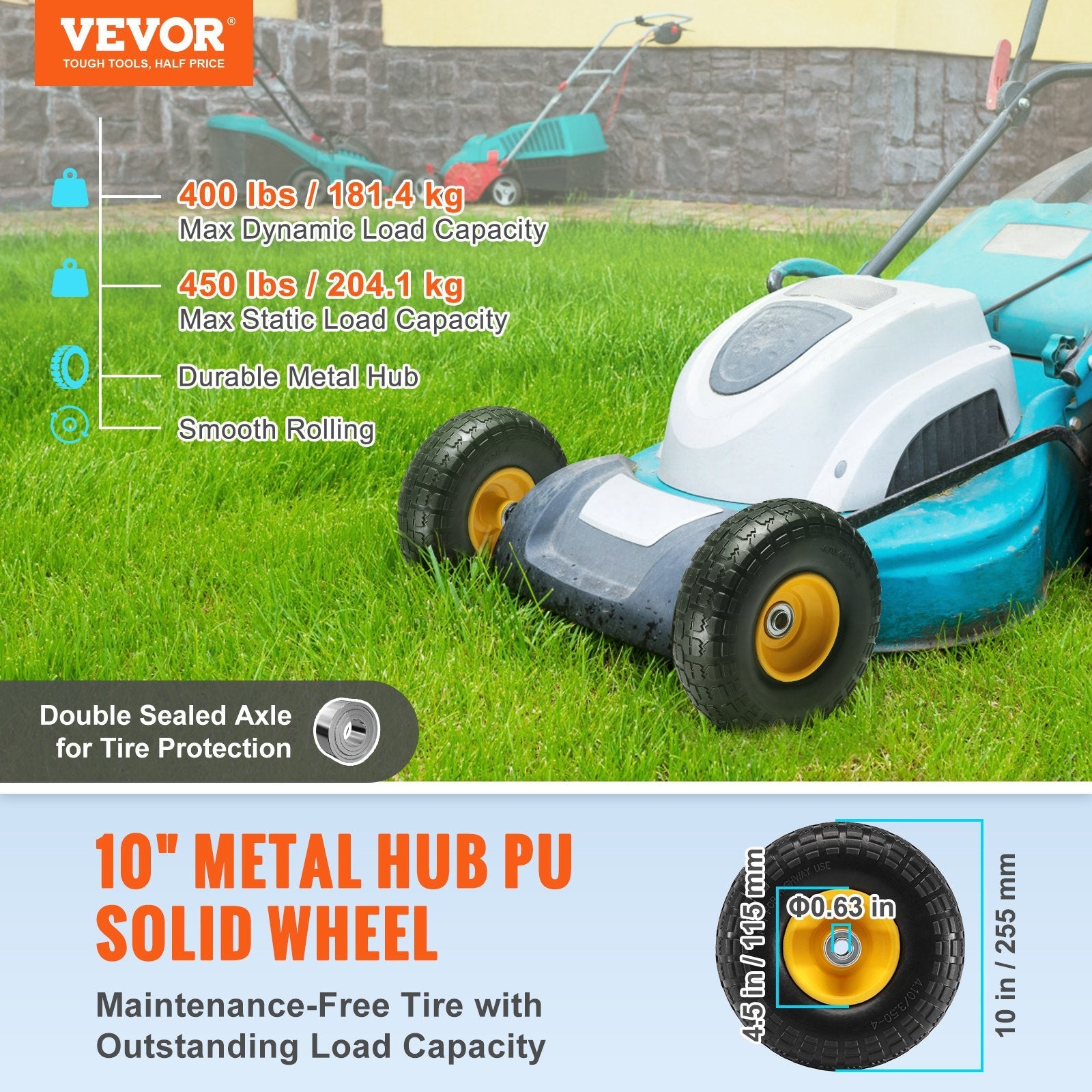 VEVOR Solid PU Run-Flat Tire Wheel, 10", 2-Pack, 400 lbs Dynamic Load, 450 lbs Static Load, Flat Free Tubeless Tires and Wheels for Hand Truck, Utility Cart, Dollies, Garden Trailers, Various Carts 