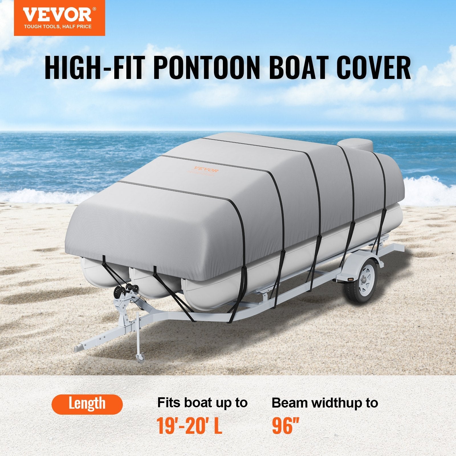 VEVOR Pontoon Boat Cover, 19'-20' Waterproof Trailerable Pontoon Cover, 800D Marine Grade PU Oxford Fabric, with Motor Cover, 16 Windproof Buckle Straps, Fits for 19'-20'L, Beam Width to 96", Grey 