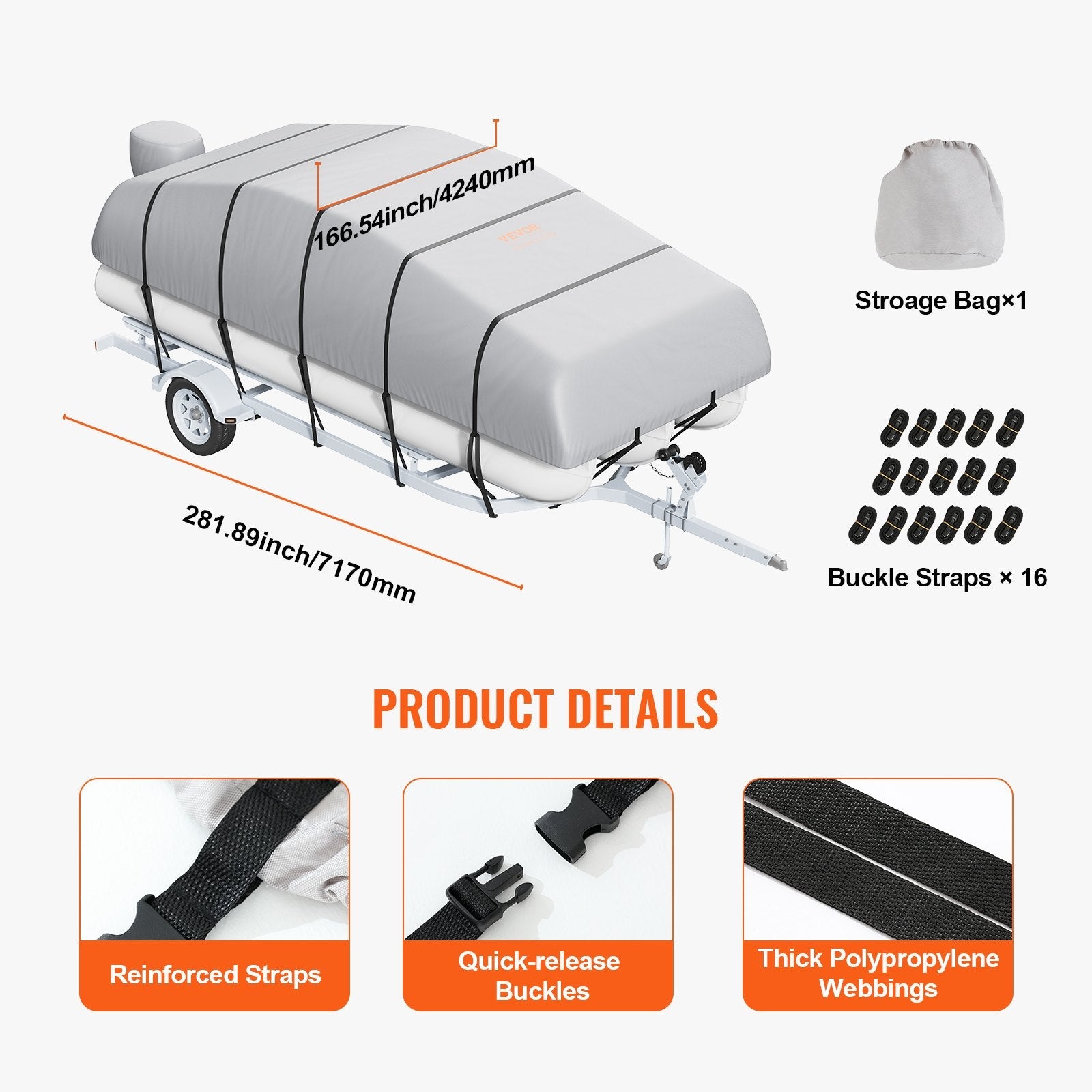 VEVOR Pontoon Boat Cover, 19'-20' Waterproof Trailerable Pontoon Cover, 800D Marine Grade PU Oxford Fabric, with Motor Cover, 16 Windproof Buckle Straps, Fits for 19'-20'L, Beam Width to 96", Grey 