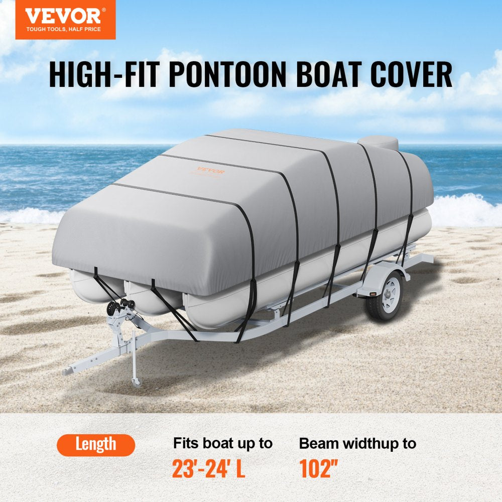 VEVOR Pontoon Boat Cover, 23'-24' Waterproof Trailerable Pontoon Cover, 800D Marine Grade PU Oxford Fabric, with Motor Cover, 16 Windproof Buckle Straps, Fits for 23'-24'L, Beam Width to 102", Grey 