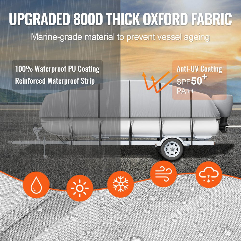 VEVOR Pontoon Boat Cover, 23'-24' Waterproof Trailerable Pontoon Cover, 800D Marine Grade PU Oxford Fabric, with Motor Cover, 16 Windproof Buckle Straps, Fits for 23'-24'L, Beam Width to 102", Grey 