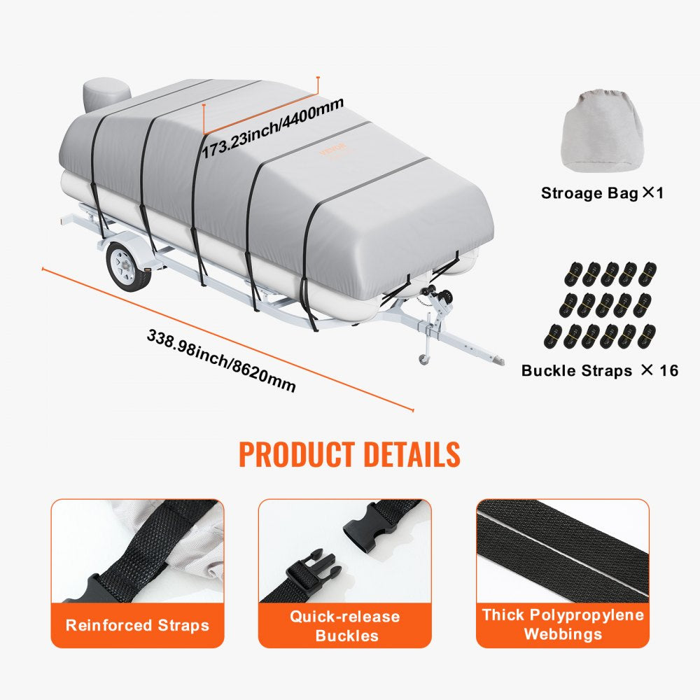 VEVOR Pontoon Boat Cover, 23'-24' Waterproof Trailerable Pontoon Cover, 800D Marine Grade PU Oxford Fabric, with Motor Cover, 16 Windproof Buckle Straps, Fits for 23'-24'L, Beam Width to 102", Grey 