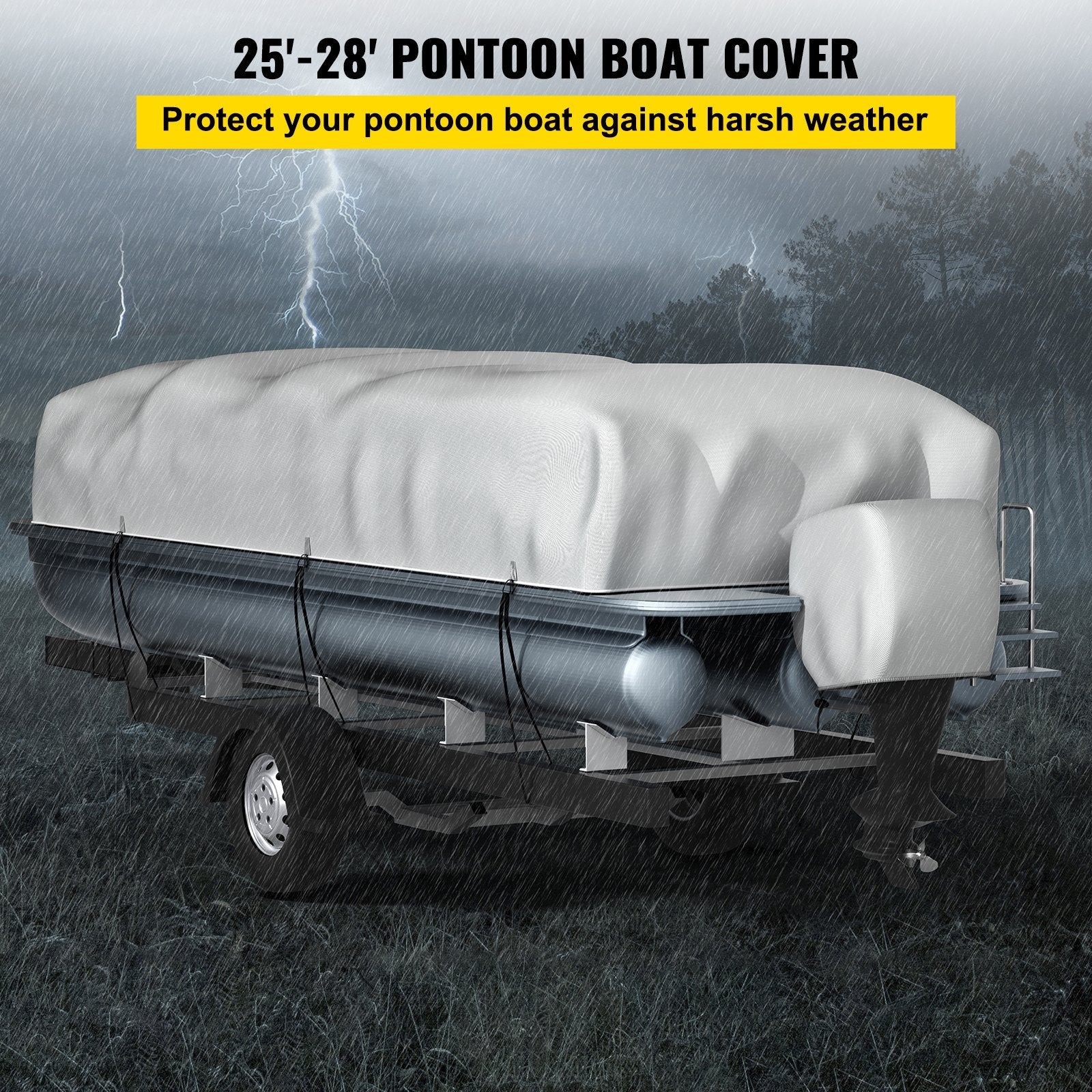 VEVOR Pontoon Boat Cover, Fit for 25'-28' Boat, Heavy Duty 600D Marine Grade Oxford Fabric, UV Resistant Waterproof Trailerable Boat Cover w/ 2 Support Poles and 7 Wind-proof Straps, Gray 