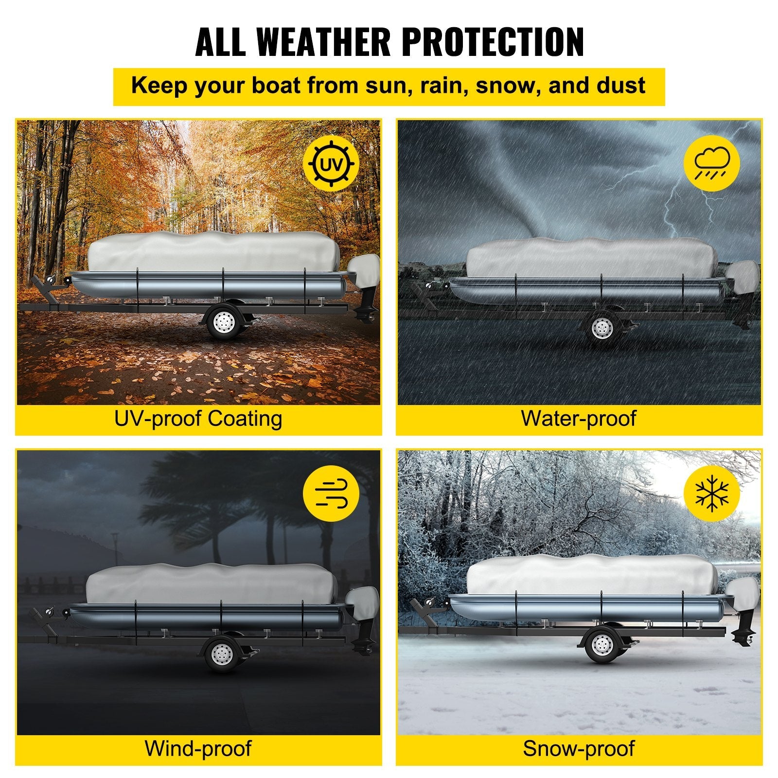 VEVOR Pontoon Boat Cover, Fit for 25'-28' Boat, Heavy Duty 600D Marine Grade Oxford Fabric, UV Resistant Waterproof Trailerable Boat Cover w/ 2 Support Poles and 7 Wind-proof Straps, Gray 