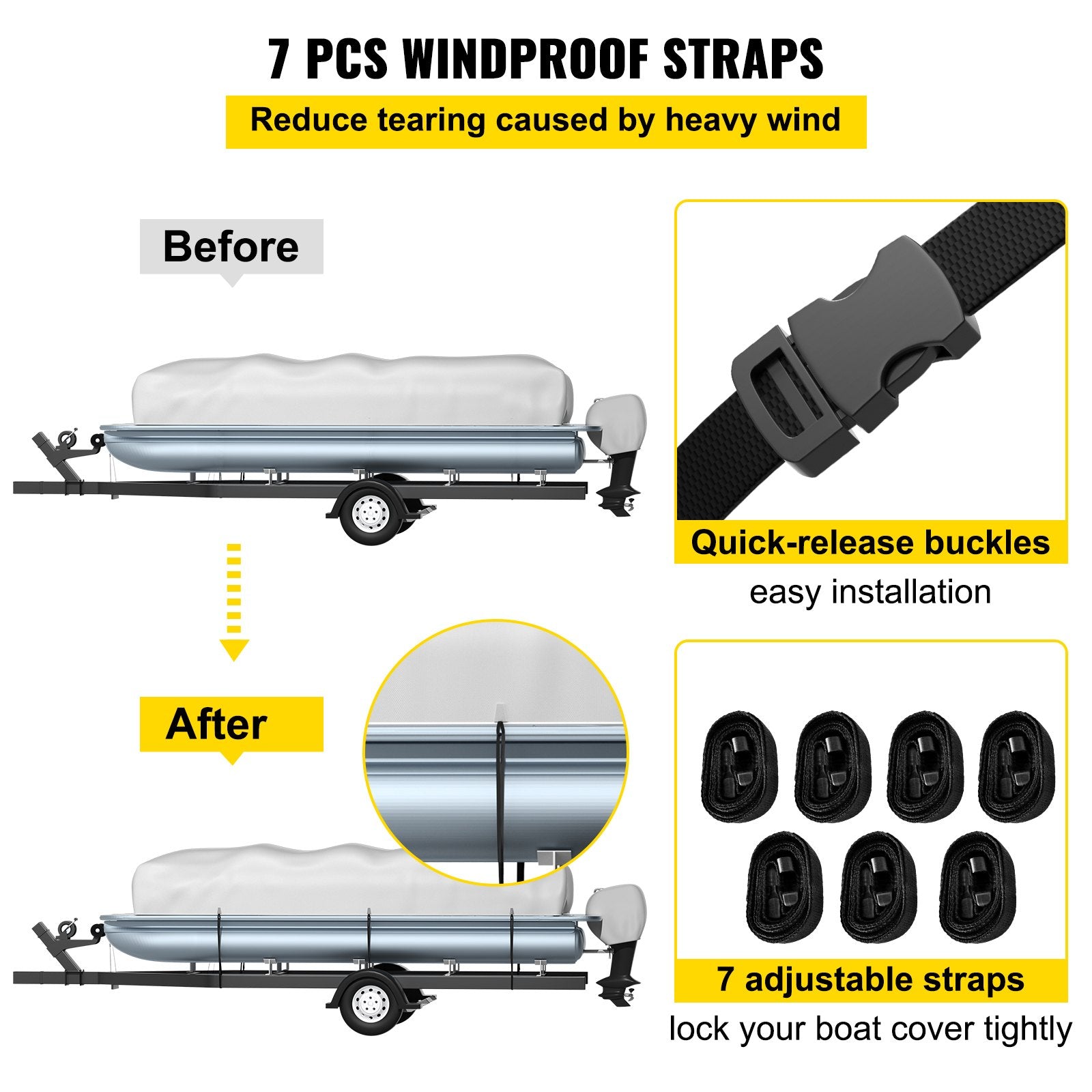VEVOR Pontoon Boat Cover, Fit for 25'-28' Boat, Heavy Duty 600D Marine Grade Oxford Fabric, UV Resistant Waterproof Trailerable Boat Cover w/ 2 Support Poles and 7 Wind-proof Straps, Gray 