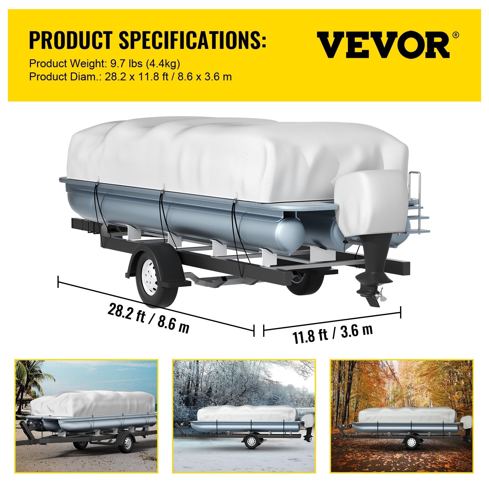 VEVOR Pontoon Boat Cover, Fit for 25'-28' Boat, Heavy Duty 600D Marine Grade Oxford Fabric, UV Resistant Waterproof Trailerable Boat Cover w/ 2 Support Poles and 7 Wind-proof Straps, Gray 
