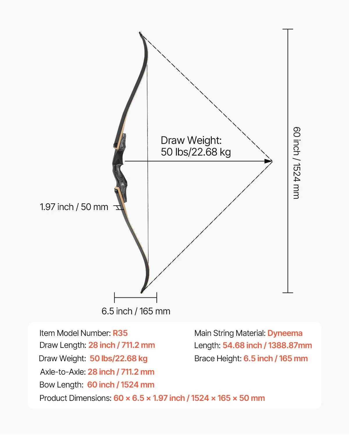 VEVOR Recurve Bow and Arrows Kit, 60 inch Wooden Takedown Bows, Right Handed Ergonomic Archery Recurve Bow Package, Longbow for Outdoor Target Training Practice Hunting, Beginners to Advanced, 50 lbs 