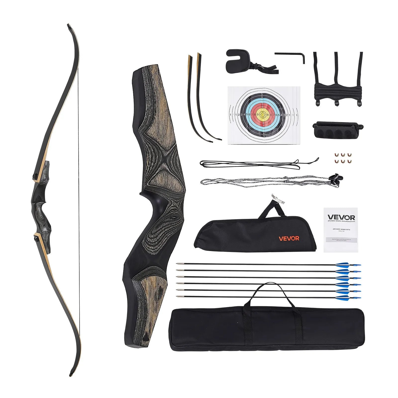 VEVOR Recurve Bow and Arrows Kit, 60 inch Wooden Takedown Bows, Right Handed Ergonomic Archery Recurve Bow Package, Longbow for Outdoor Target Training Practice Hunting, Beginners to Advanced, 50 lbs 