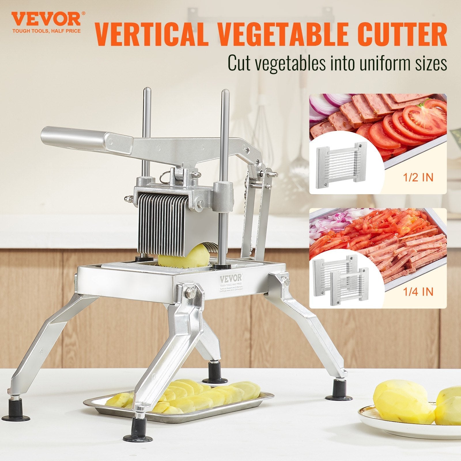 VEVOR Commercial Vegetable Slicer, 1/4 and 1/2 inch Tomato Slicer, Stainless Steel and Aluminum Alloy Vegetable Cutter Slicer, Manual Tomato Slicer with Non-slip Feet, for Tomatoes, Onions, Potatoes 