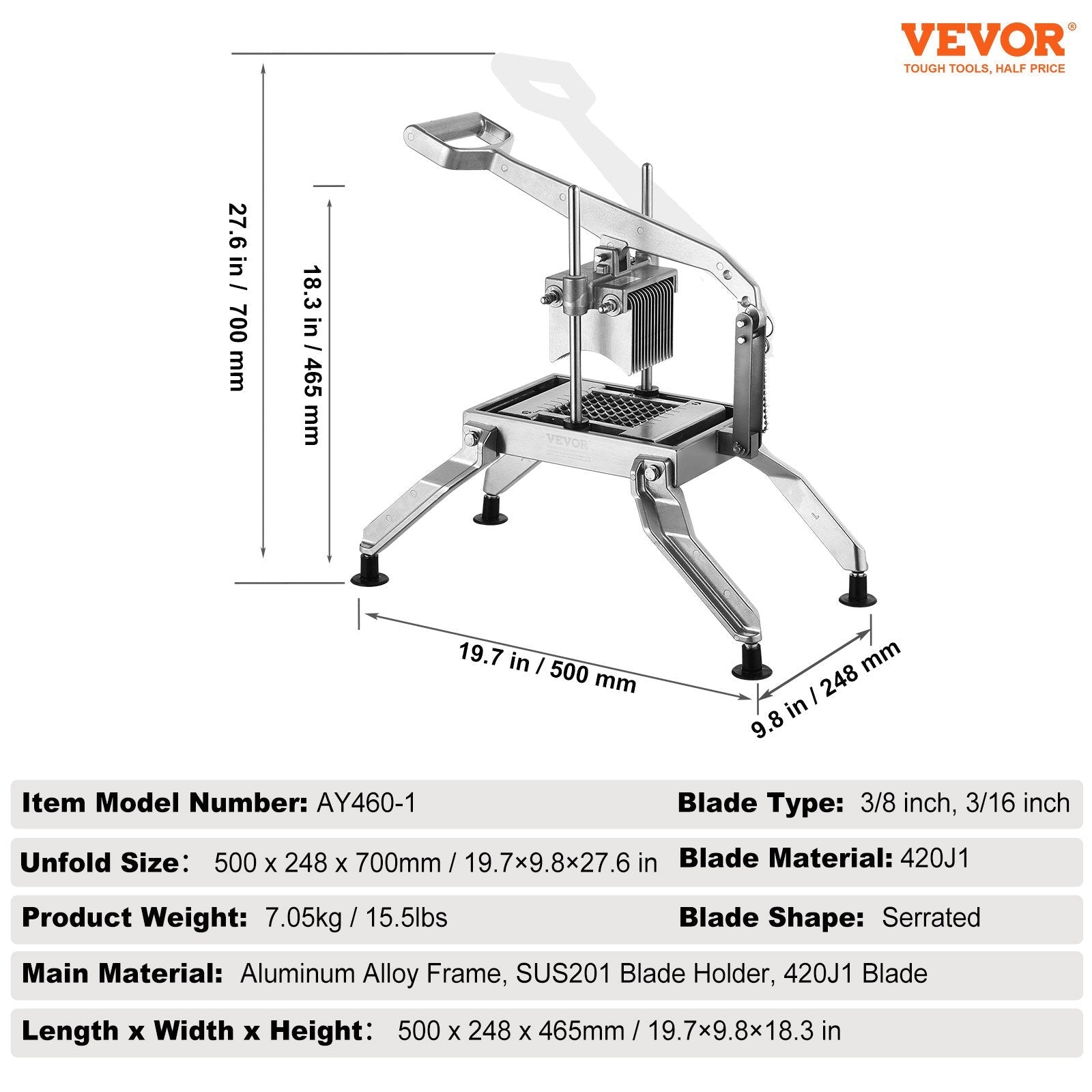 VEVOR Commercial Vegetable Slicer, 3/8 and 3/16 inch Tomato Slicer, Stainless Steel and Aluminum Alloy Vegetable Cutter Slicer, Manual Tomato Slicer with Non-slip Feet, for Tomatoes, Onions, Potatoes 