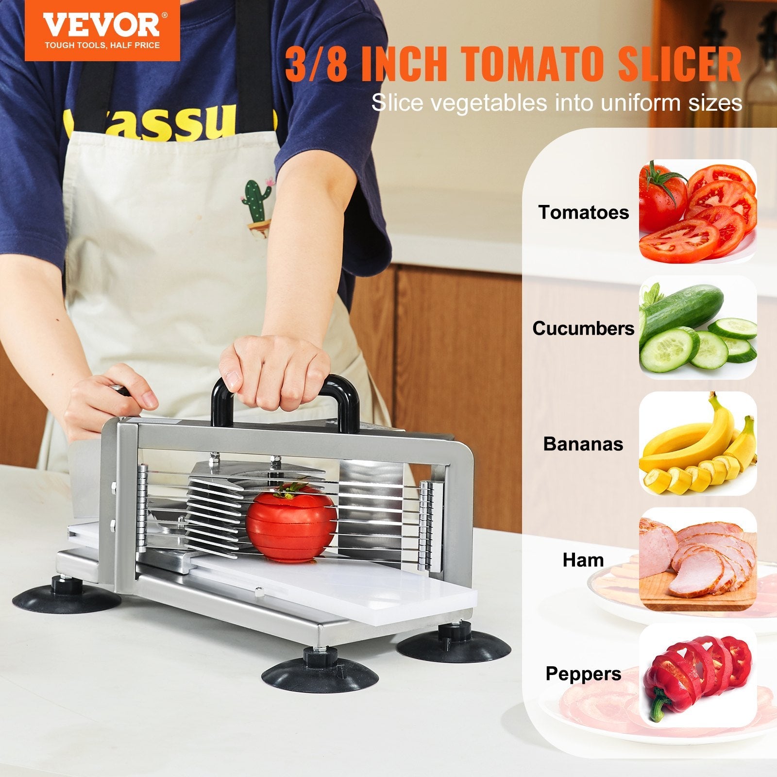 VEVOR Commercial Tomato Slicer, 3/8 inch Tomato Cutter Slicer, Stainless Steel Heavy Duty Tomato Slicer Machine, Manual Tomato Slicer with Non-slip Feet, for Cutting Tomatoes, Cucumbers, Bananas 