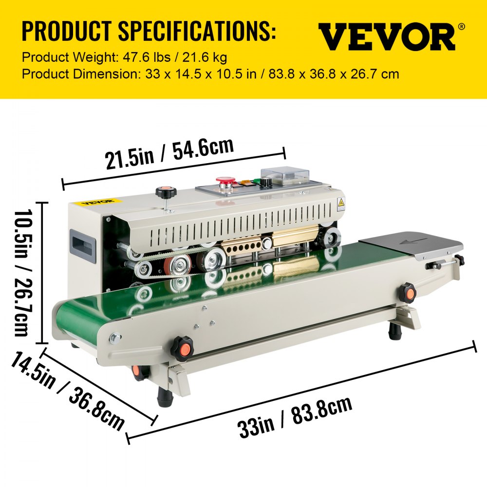VEVOR FR-770 Continuous Band Sealer, Automatic Band Sealer with Digital Temperature Control, (Horizontal) 