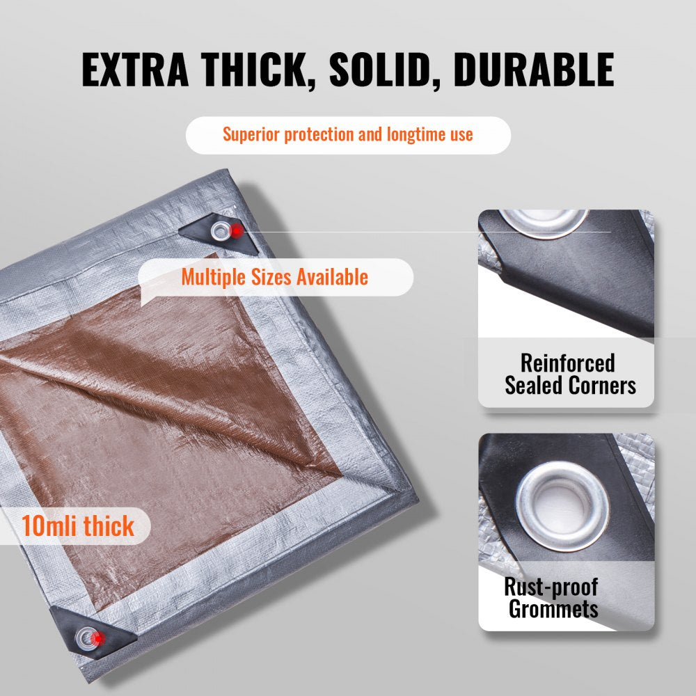 VEVOR Tarp 10x12 ft, Waterproof Plastic Poly Tarp Cover 10 Mil, Multi Purpose Tear UV and Temperature Resistant Outdoor Tarpaulin with High Durability Reinforced Grommets (Silver/Brown) 