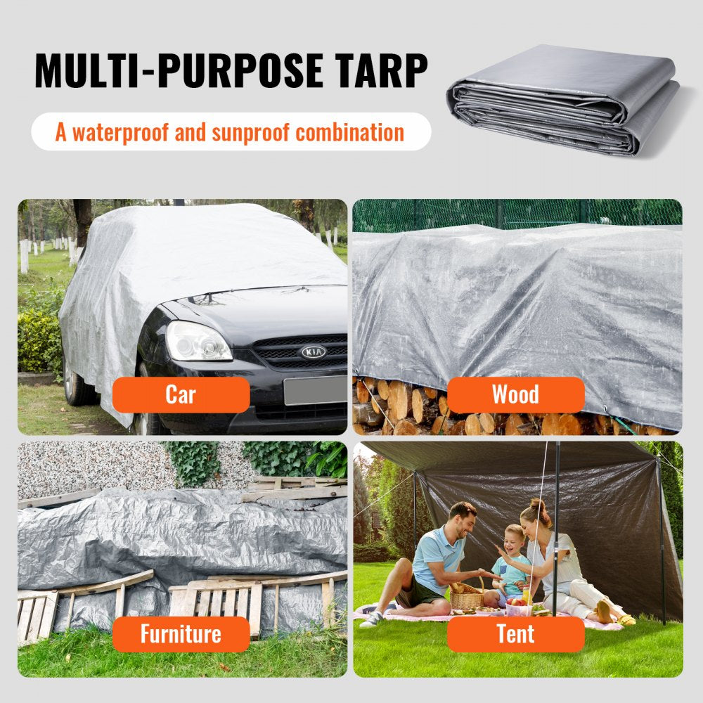 VEVOR Tarp 10x12 ft, Waterproof Plastic Poly Tarp Cover 10 Mil, Multi Purpose Tear UV and Temperature Resistant Outdoor Tarpaulin with High Durability Reinforced Grommets (Silver/Brown) 