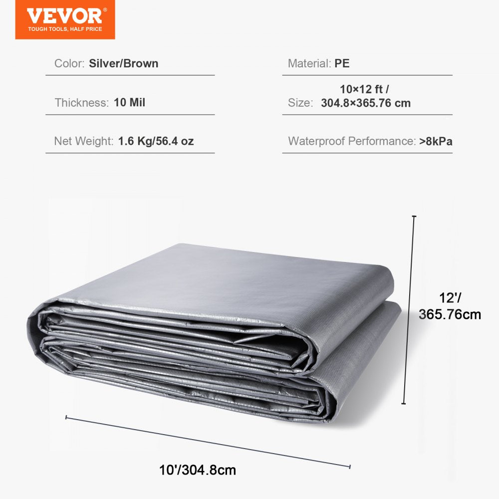 VEVOR Tarp 10x12 ft, Waterproof Plastic Poly Tarp Cover 10 Mil, Multi Purpose Tear UV and Temperature Resistant Outdoor Tarpaulin with High Durability Reinforced Grommets (Silver/Brown) 