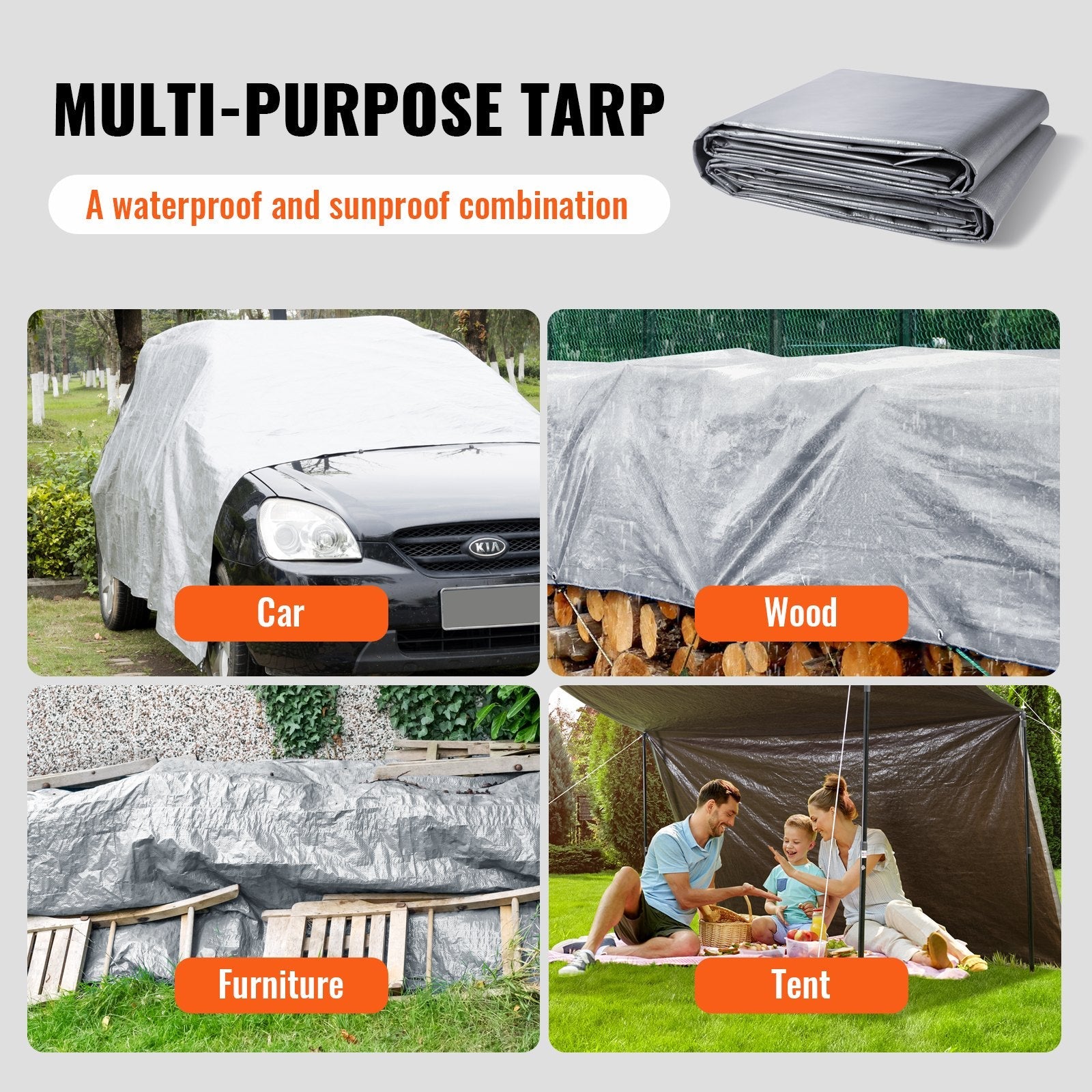 VEVOR Tarp Waterproof 16x20 ft, Plastic Poly Tarp Cover 10 Mil, Multi Purpose Tear UV and Temperature Resistant Outdoor Tarpaulin with High Durability Reinforced Grommets (Silver/Brown) 