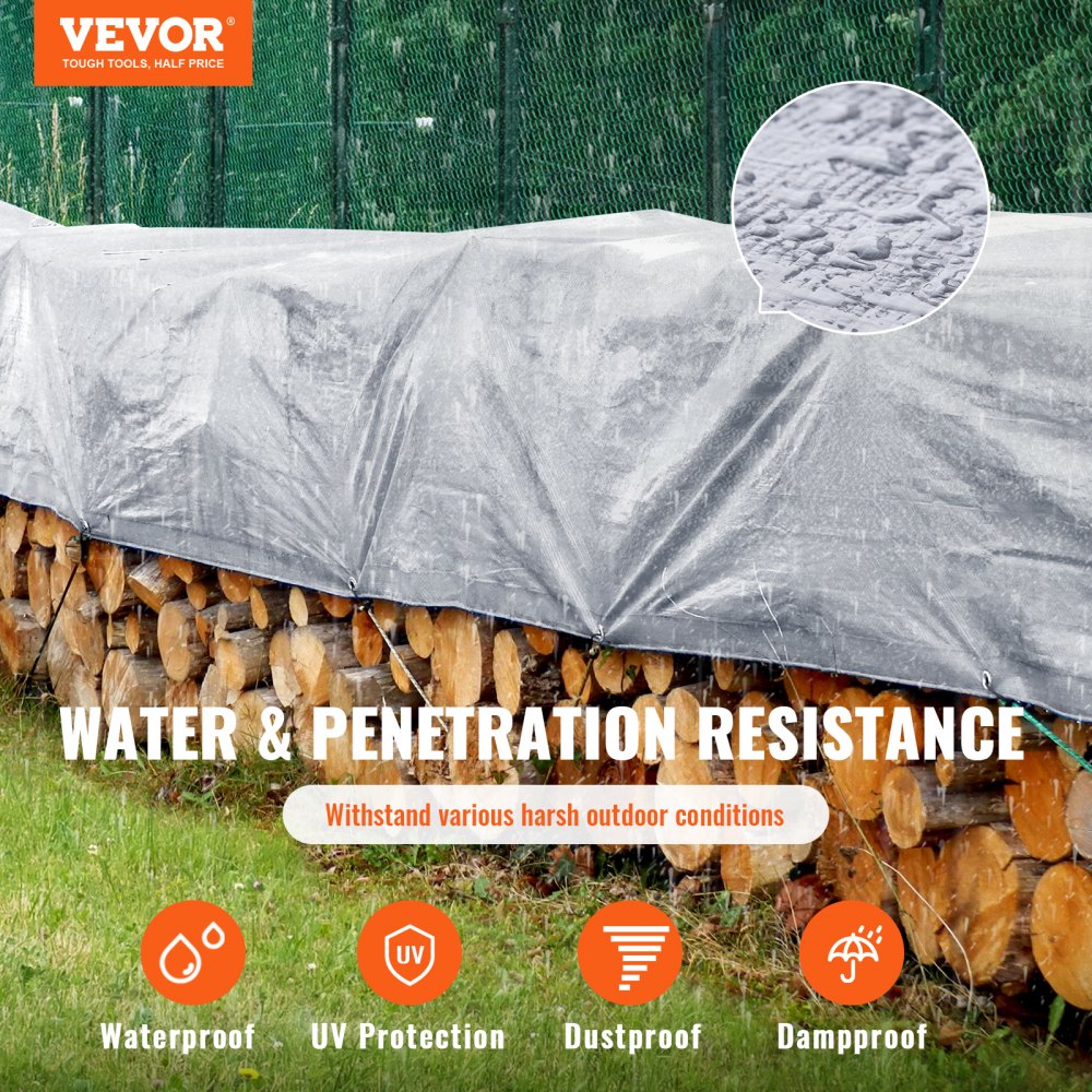VEVOR Tarp Waterproof 20x30 ft, Plastic Poly Tarp Cover 10 Mil, Multi Purpose Tear UV and Temperature Resistant Outdoor Tarpaulin with High Durability Reinforced Grommets (Silver/Brown) 