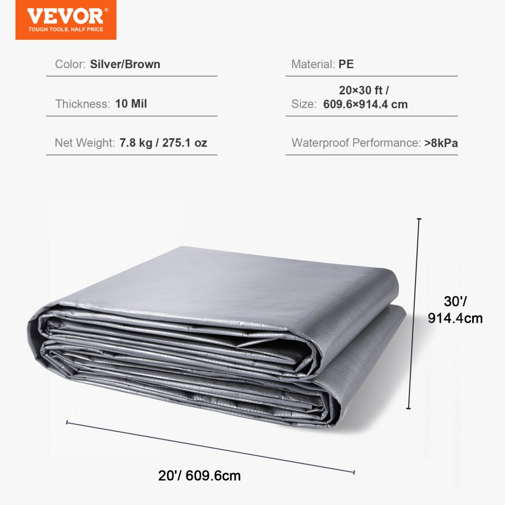VEVOR Tarp Waterproof 20x30 ft, Plastic Poly Tarp Cover 10 Mil, Multi Purpose Tear UV and Temperature Resistant Outdoor Tarpaulin with High Durability Reinforced Grommets (Silver/Brown) 