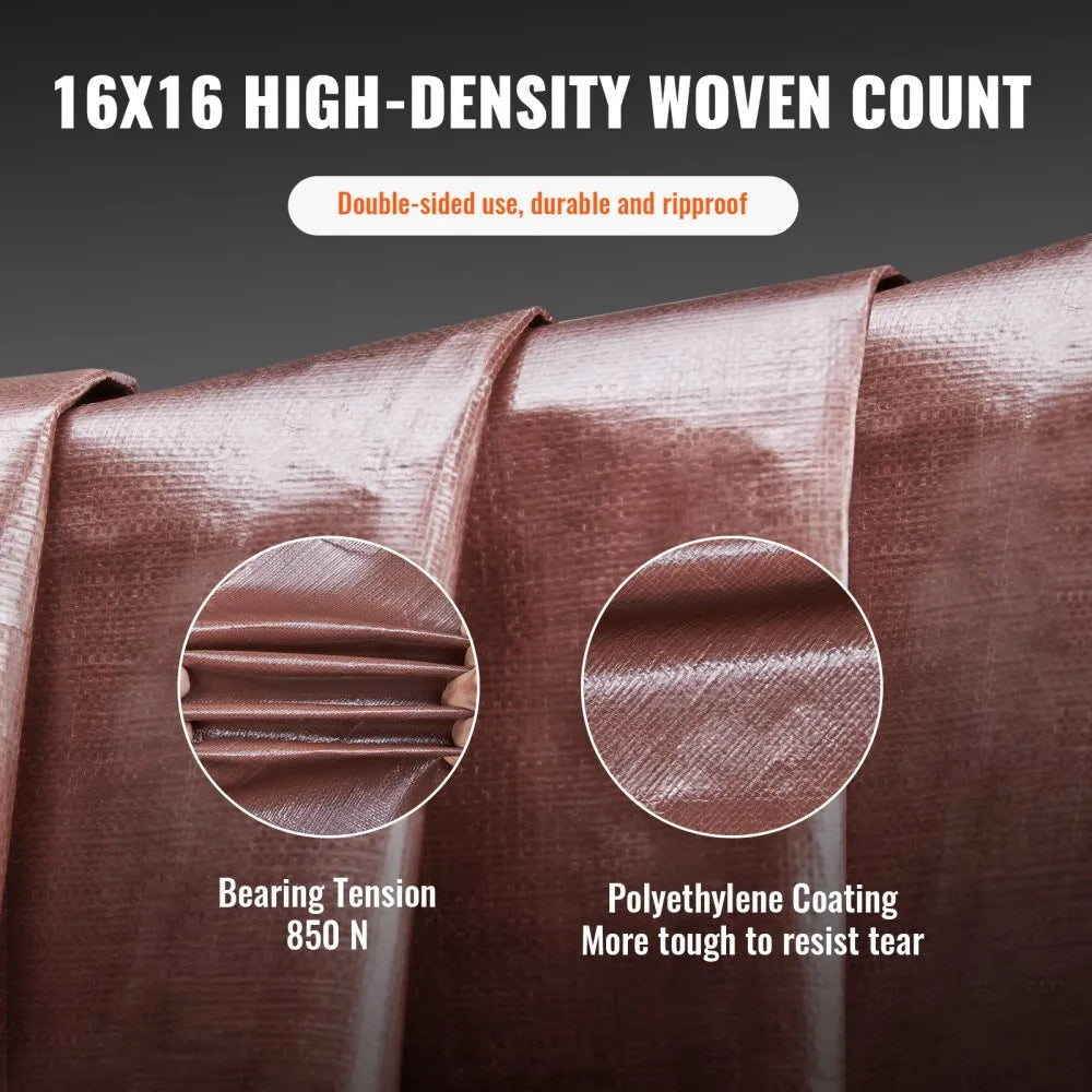 VEVOR Tarp 20x40 ft 16 Mil Extra Thick, Waterproof Poly Plastic Tarps Cover, Multi-Purpose Outdoor Tarpaulin with Grommets & Reinforced Edges for Truck, RV, Boat, Camping (Brown)