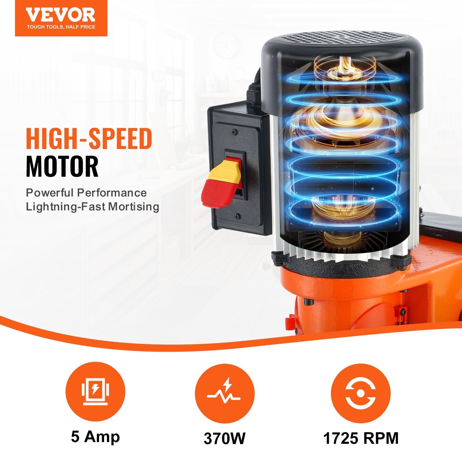 VEVOR Benchtop Mortise Machine, 370W, 1725 RPM Woodworking Mortising Machine, with 1/4-Inch 3/8-Inch 1/2-Inch Chisels Wooden Workbench, for Making Round Holes Square Holes Or Special Square Holes 
