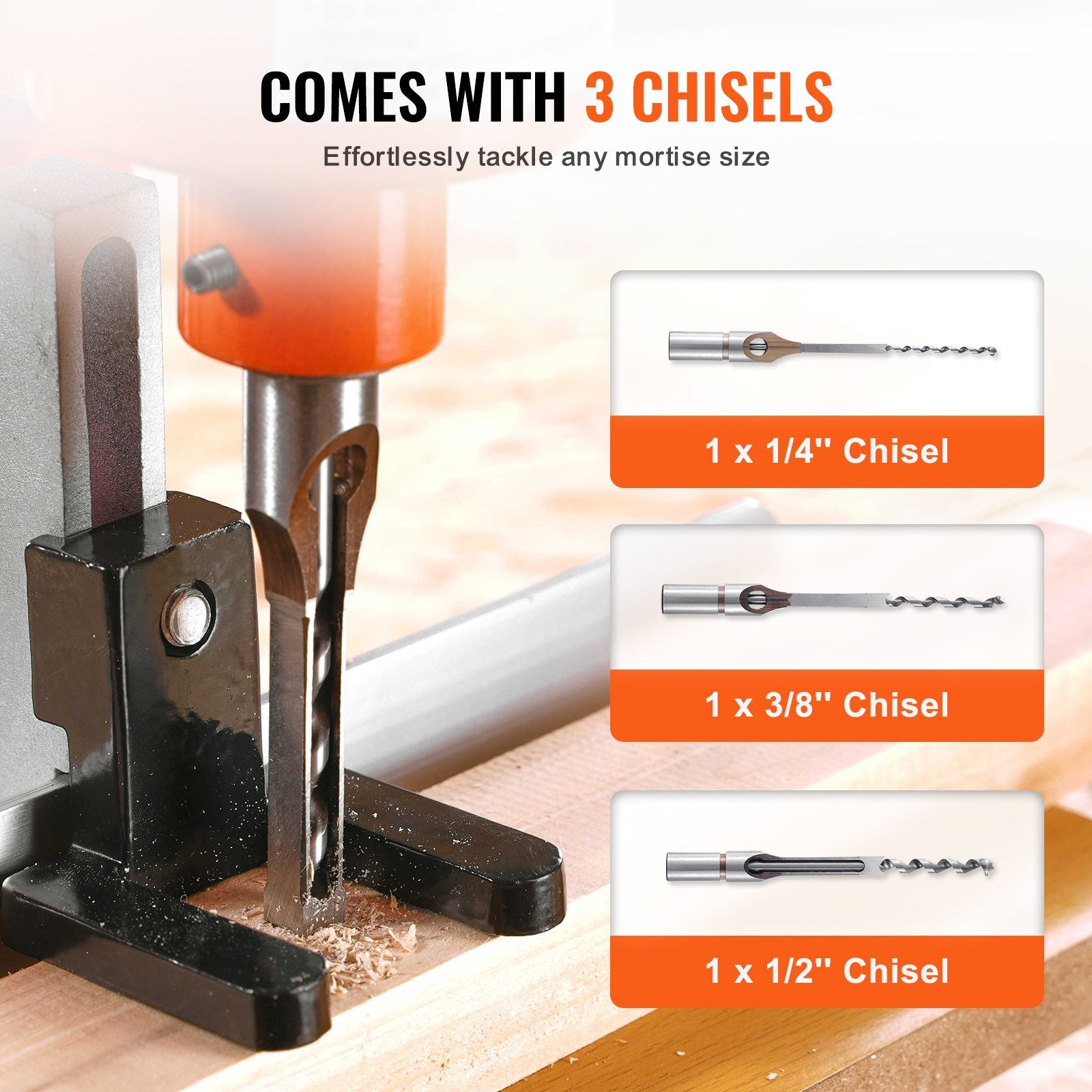 VEVOR Benchtop Mortise Machine, 370W, 1725 RPM Woodworking Mortising Machine, with 1/4-Inch 3/8-Inch 1/2-Inch Chisels Wooden Workbench, for Making Round Holes Square Holes Or Special Square Holes 