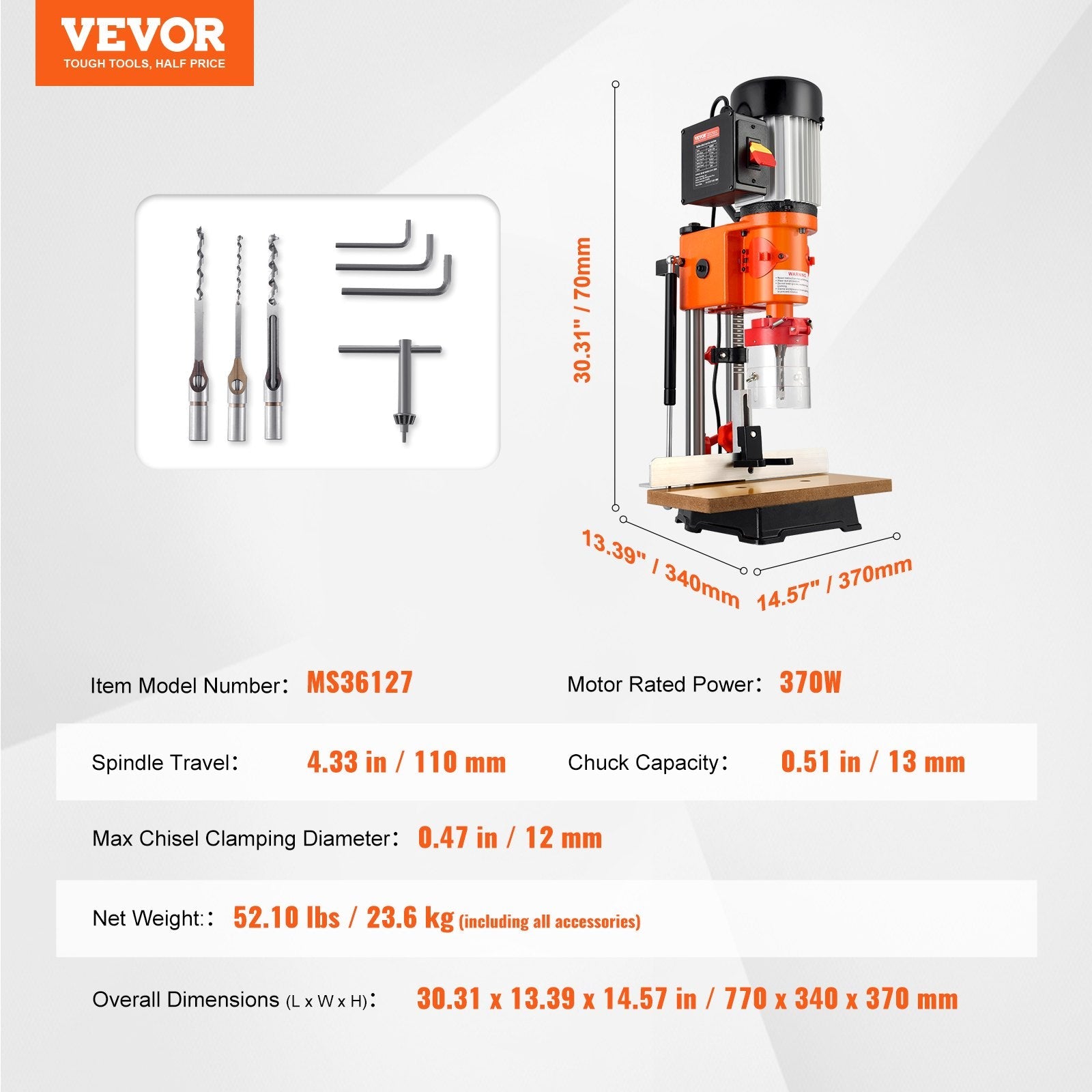 VEVOR Benchtop Mortise Machine, 370W, 1725 RPM Woodworking Mortising Machine, with 1/4-Inch 3/8-Inch 1/2-Inch Chisels Wooden Workbench, for Making Round Holes Square Holes Or Special Square Holes 
