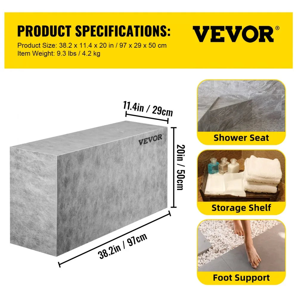 VEVOR Tile Shower Seat, 38.2" x 11.4" x 20" Ready To Tile Shower Seat, Factory Waterproof & 100% Leak Proof Tileable Shower Corner Seat, 440 lbs Load-bearing Rectangular Board Shower Bench