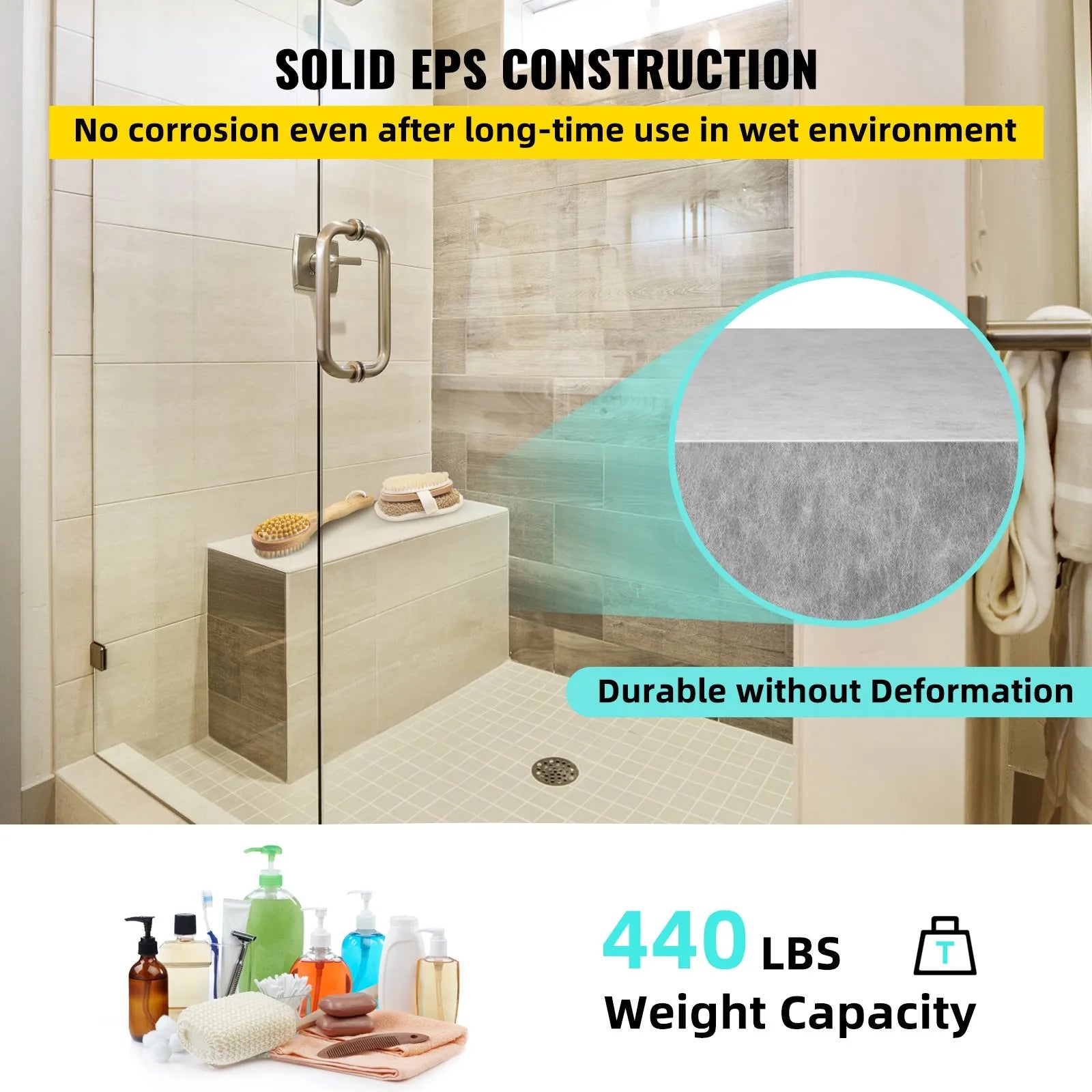 VEVOR Tile Shower Seat, 47.2" x 16" x 20" Ready To Tile Shower Seat, Factory Waterproof & 100% Leak Proof Tileable Shower Corner Seat, 440 lbs Load-bearing Rectangular Board Shower Bench