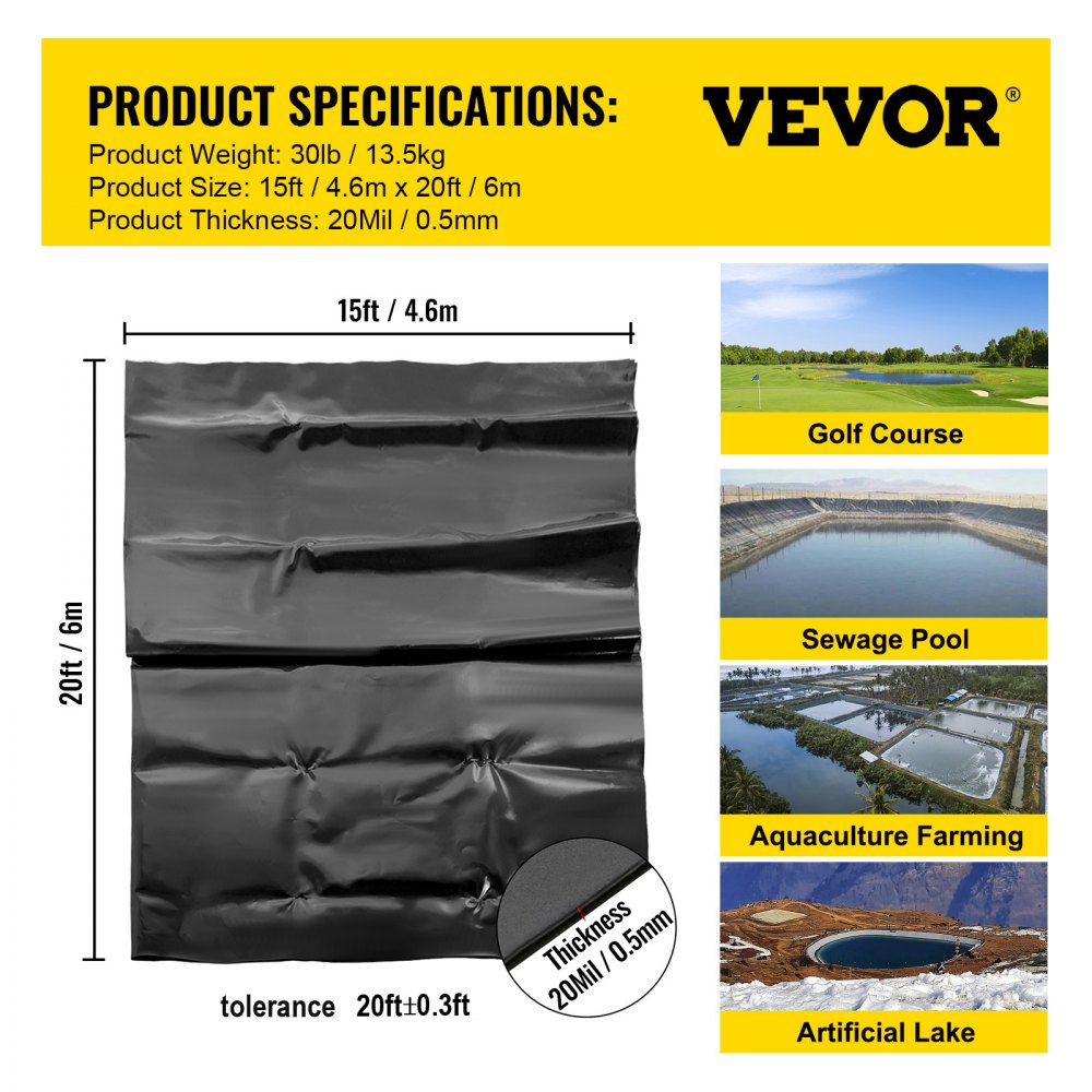 VEVOR LLDPE Pond Liner 15x20 ft, Pond Liner 20 Mil, Fish Pond Liners for Waterfall, Pond and Fish Ponds 