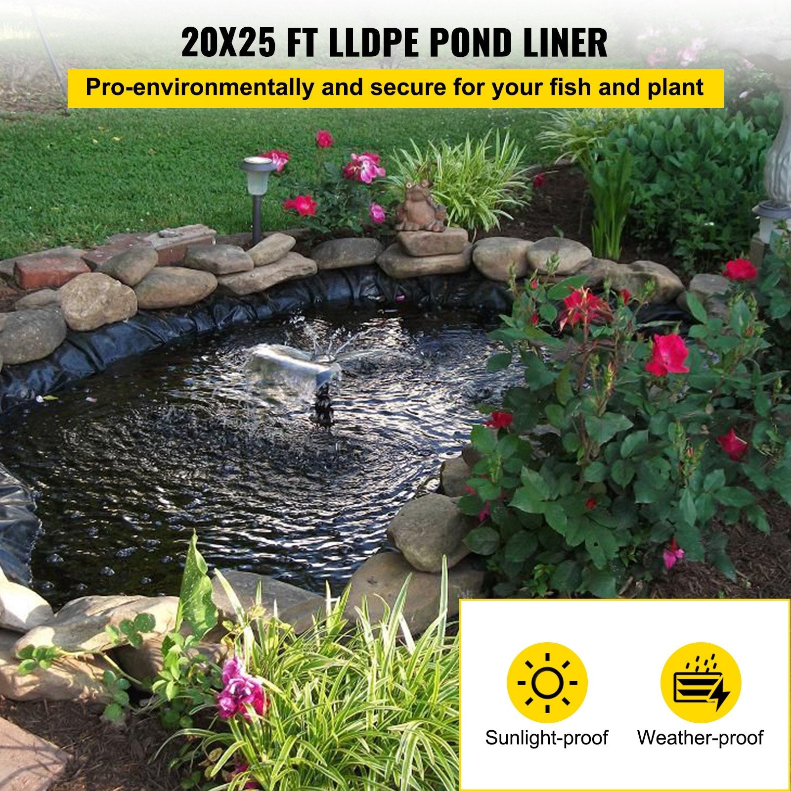 VEVOR LLDPE Pond Liner 20x25 ft, Pond Liner 20 Mil, Fish Pond Liners for Waterfall, Pond and Fish Ponds 