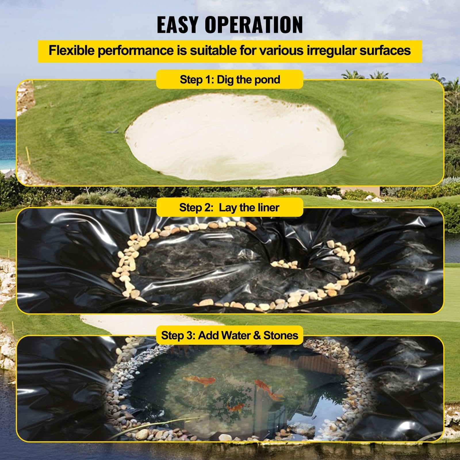 VEVOR LLDPE Pond Liner 20x25 ft, Pond Liner 20 Mil, Fish Pond Liners for Waterfall, Pond and Fish Ponds 