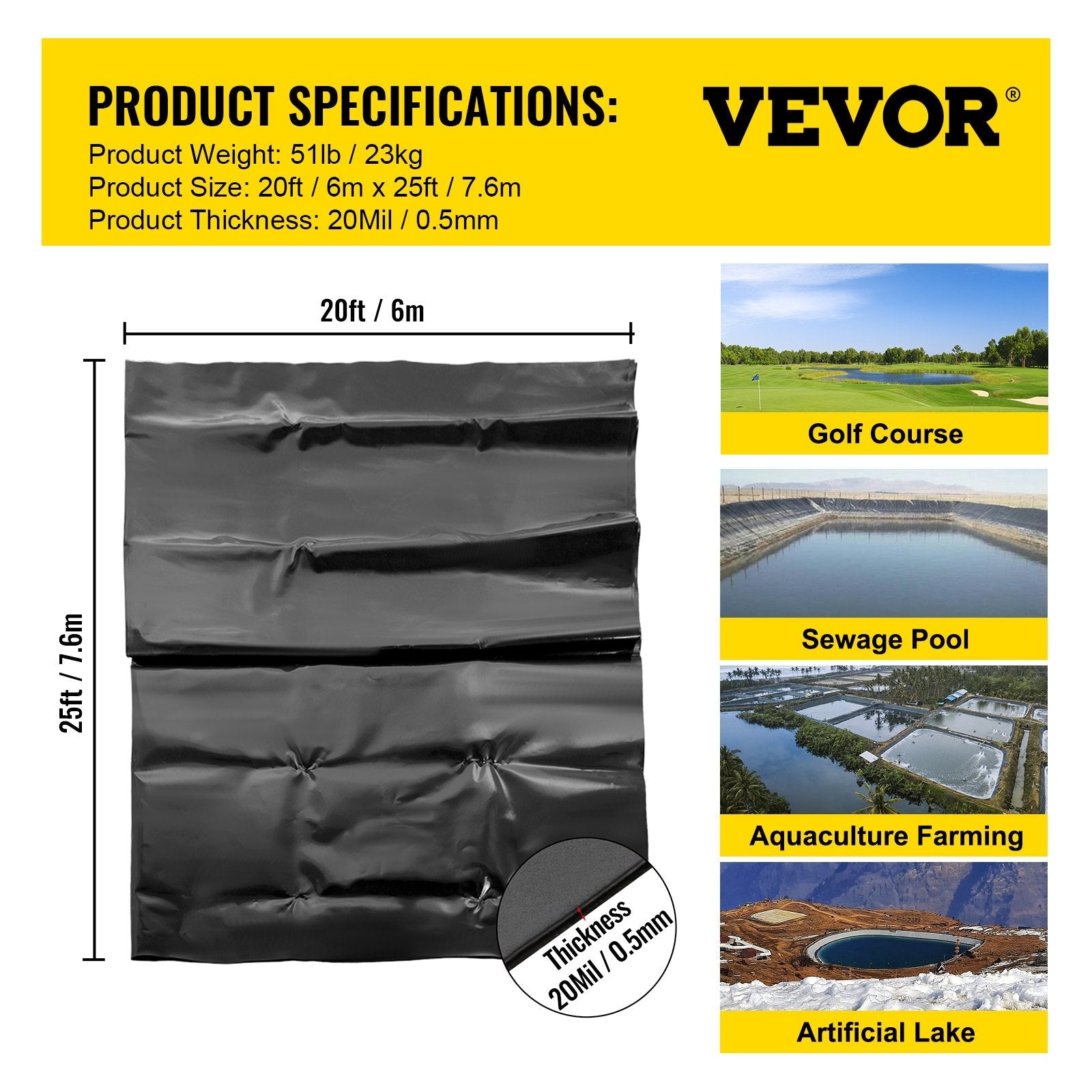VEVOR LLDPE Pond Liner 20x25 ft, Pond Liner 20 Mil, Fish Pond Liners for Waterfall, Pond and Fish Ponds 