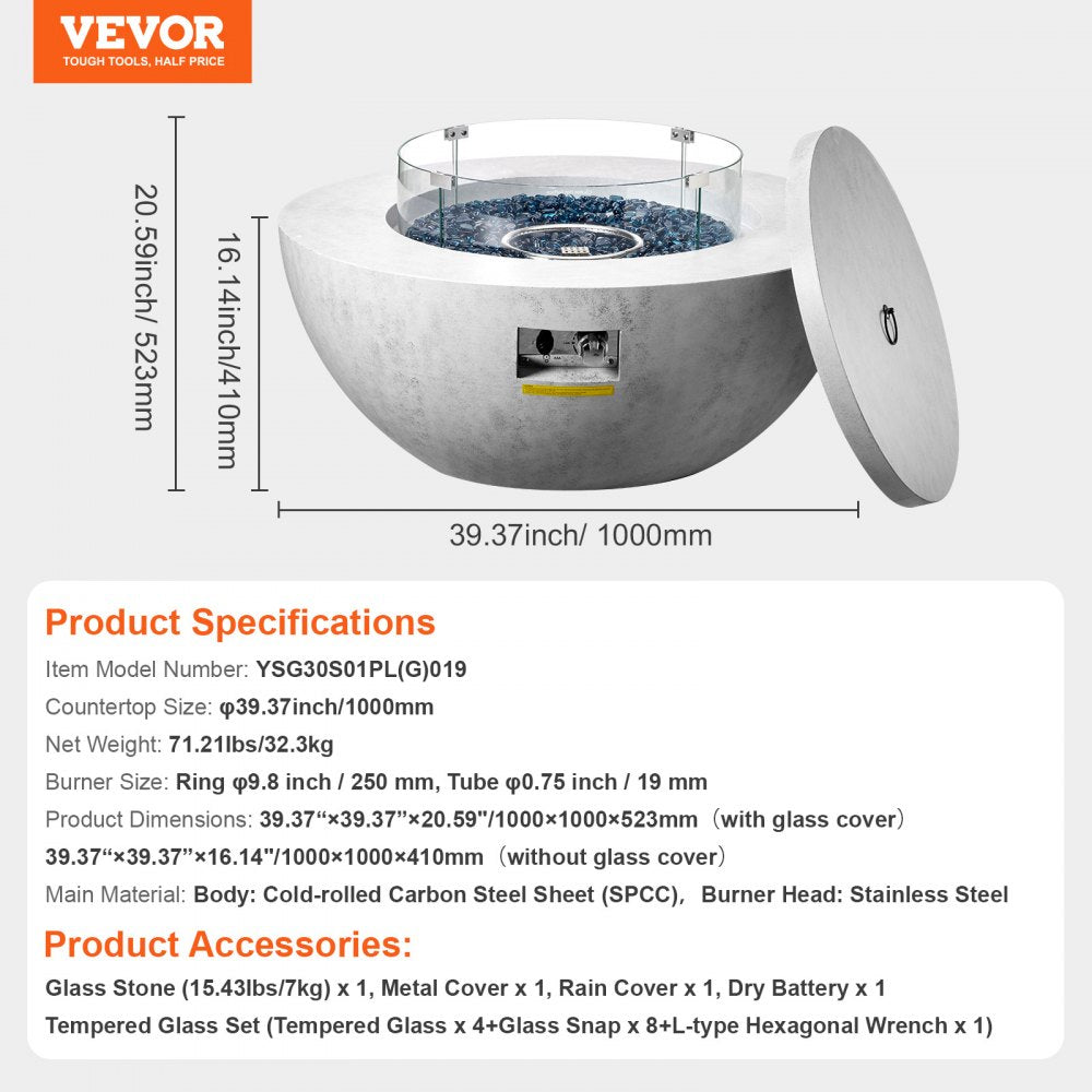 VEVOR Propane Fire Pit Outdoor Concrete Gas Fire Pit 39 in Tabletop 50000 BTU 