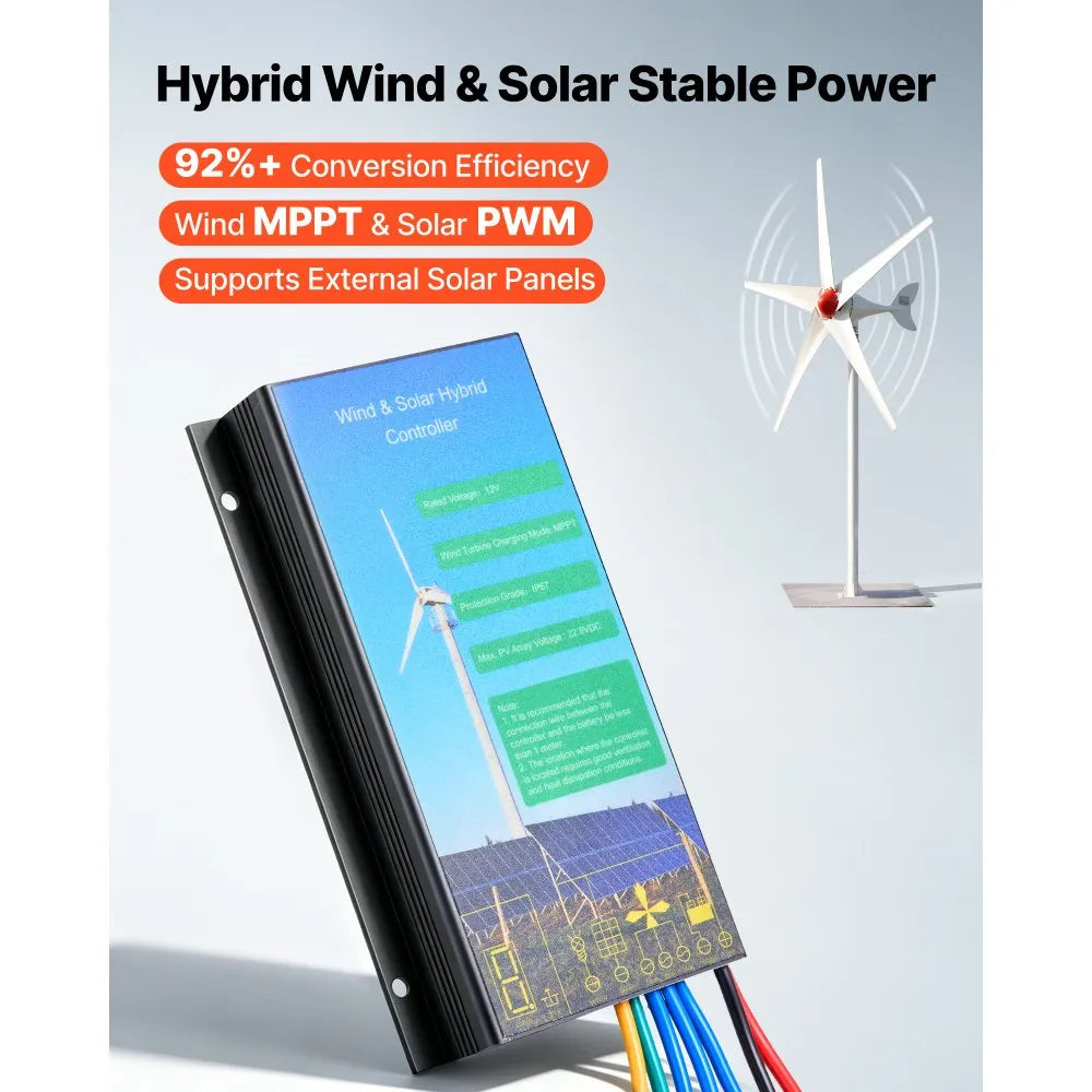 800W 12V Wind Turbine Generator, 5-Blade Wind & Solar Hybrid Power Kit for RV, Boat, Home & Farm