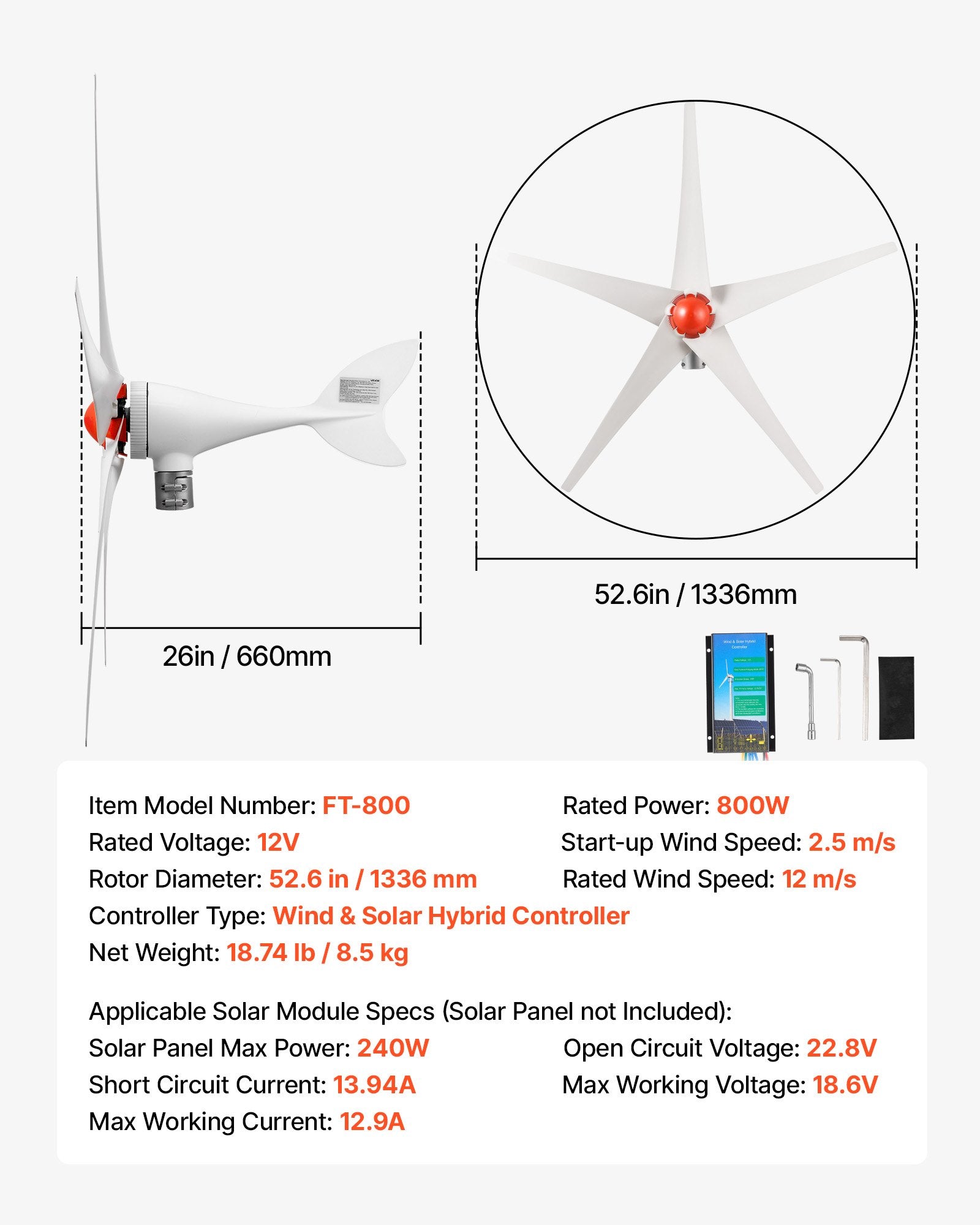 800W 12V Wind Turbine Generator, 5-Blade Wind & Solar Hybrid Power Kit for RV, Boat, Home & Farm