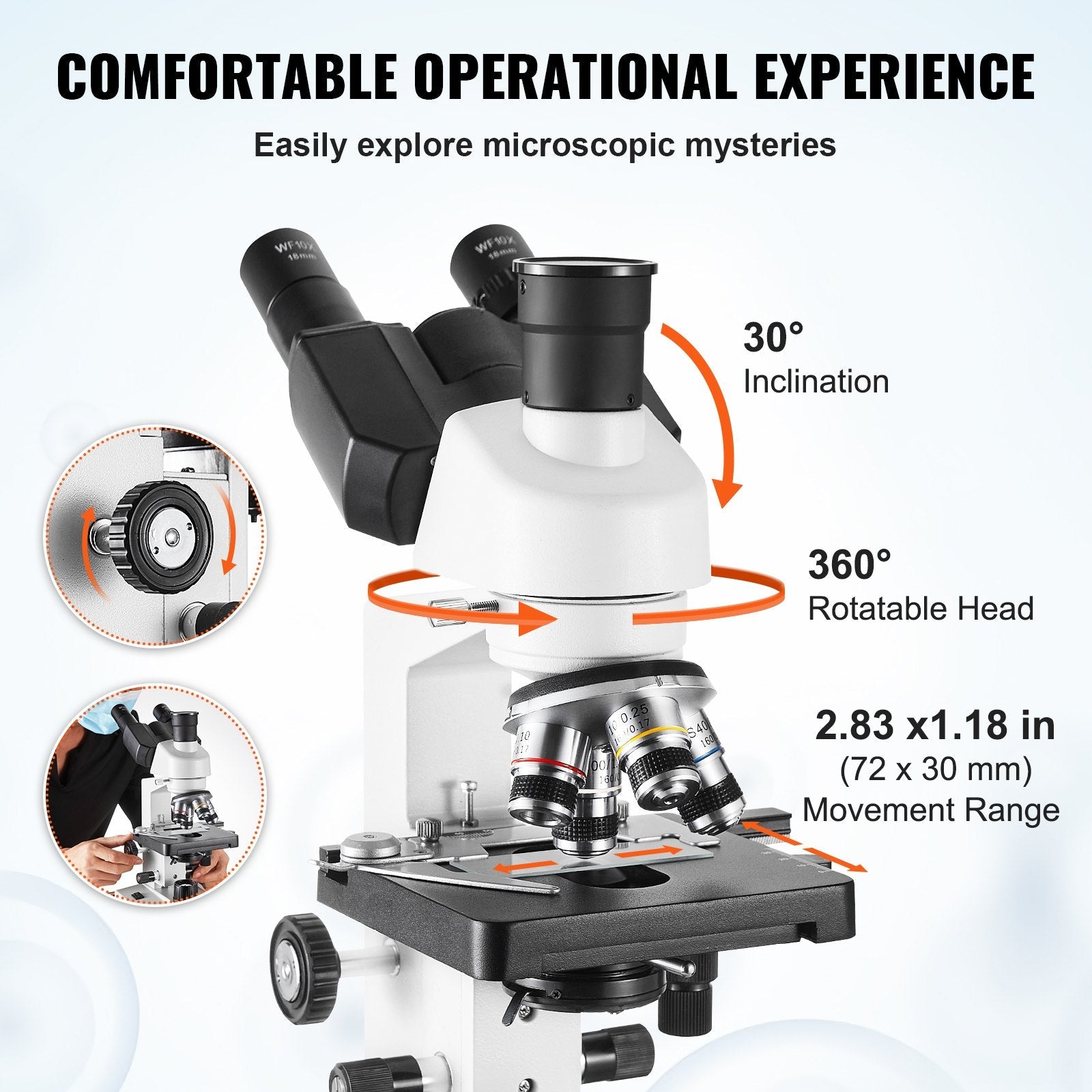 VEVOR Compound Trinocular Microscope, 40X-5000X Magnification, Trinocular Compound Lab Microscope with LED Illumination & External Interface, Two-Layer Mechanical Stage, Includes Microscope Slides 