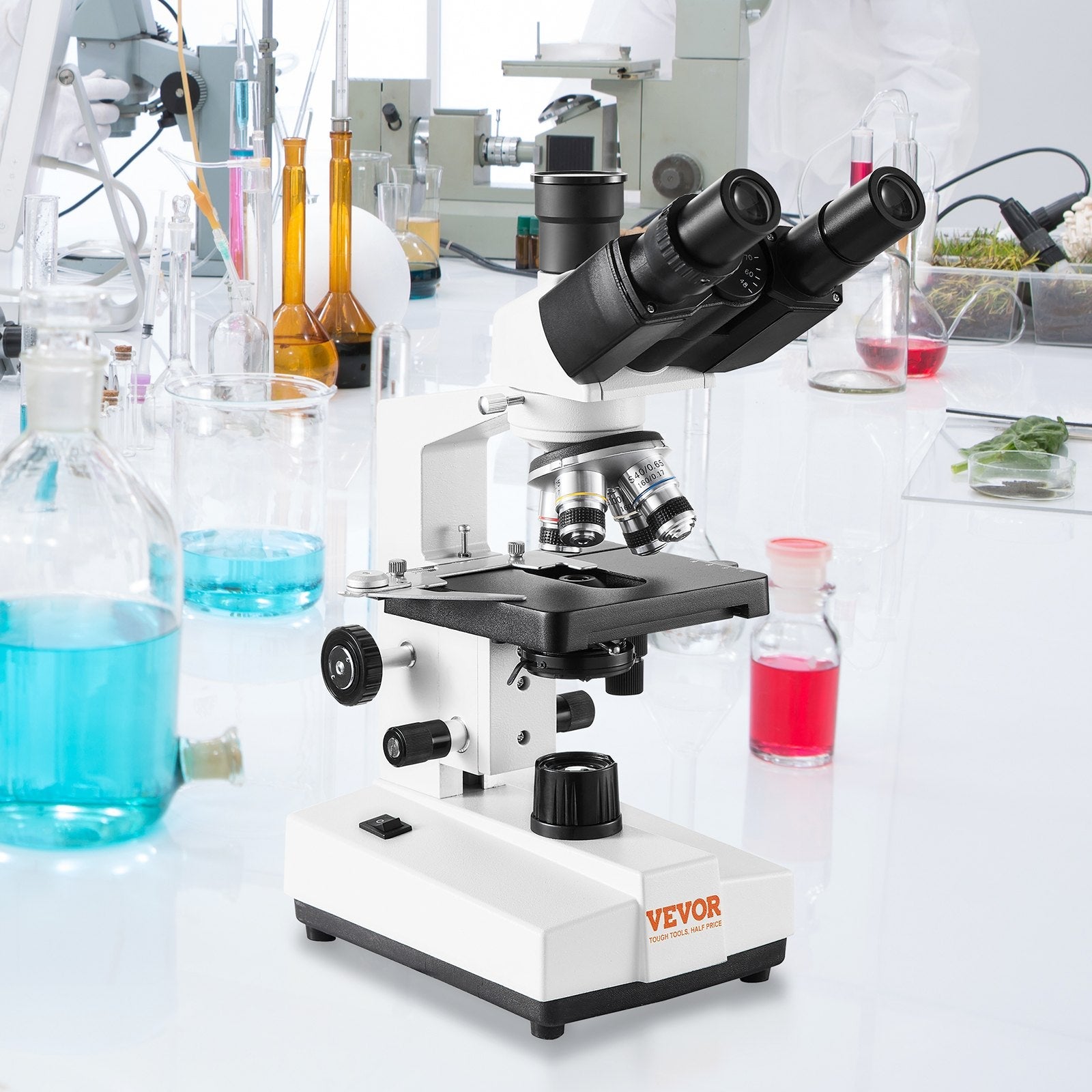 VEVOR Compound Trinocular Microscope, 40X-5000X Magnification, Trinocular Compound Lab Microscope with LED Illumination & External Interface, Two-Layer Mechanical Stage, Includes Microscope Slides 