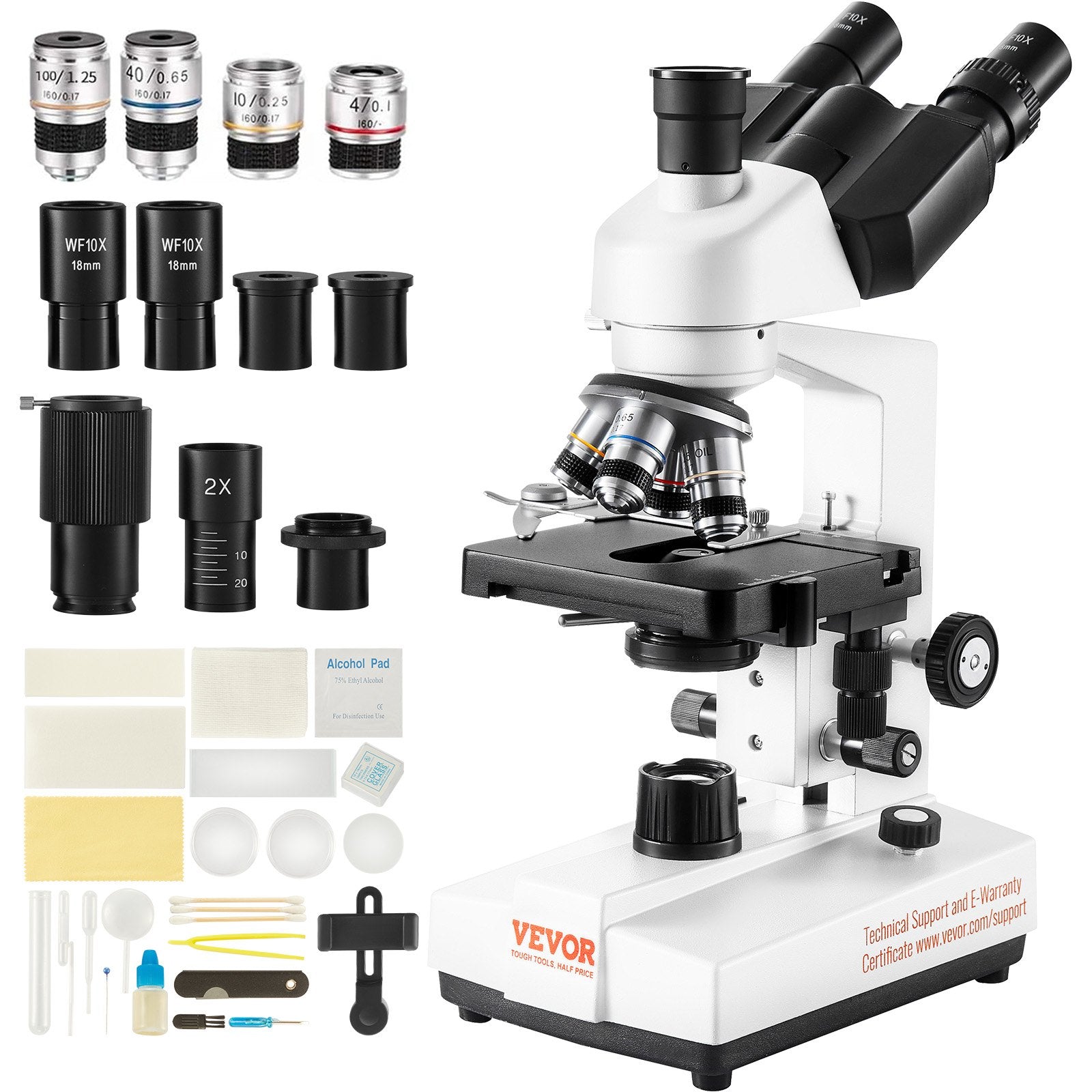 VEVOR Compound Trinocular Microscope, 40X-5000X Magnification, Trinocular Compound Lab Microscope with LED Illumination & External Interface, Two-Layer Mechanical Stage, Includes Microscope Slides 