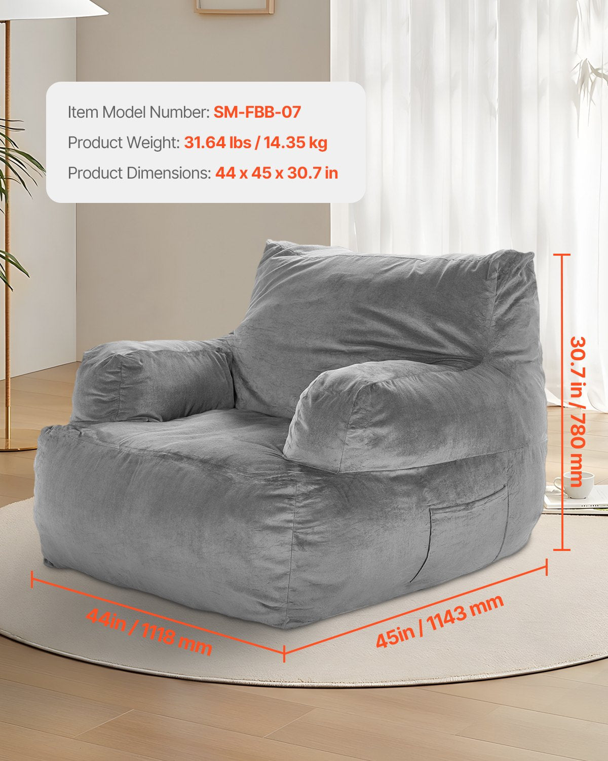 VEVOR Bean Bag Chair BeanBag Sofa Chair with Armrests for Adults Plush Grey 