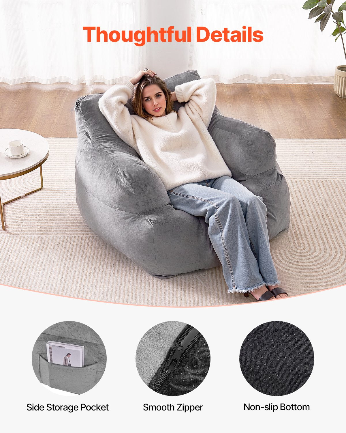 VEVOR Bean Bag Chair BeanBag Sofa Chair with Armrests for Adults Plush Grey 